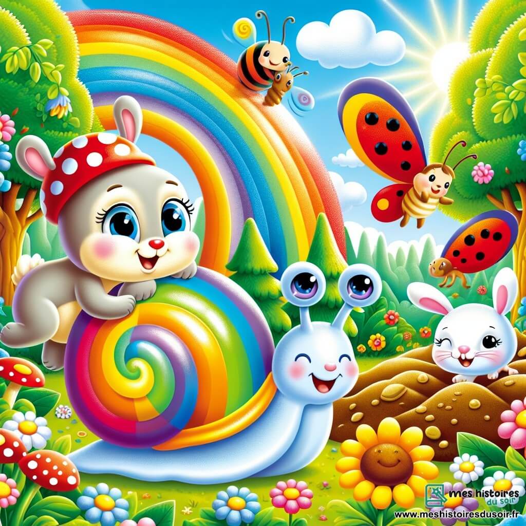 Un escargot nommé Arc-en-Ciel, avec une coquille brillante aux couleurs vives, se tient au centre de la scène, affichant une expression déterminée et joyeuse. À ses côtés, Léo le lapin creuse la terre, tandis que Zoé la coccinelle vole autour d'eux, cherchant un chemin vers le ruisseau. En arrière-plan, Max le papillon survole la scène. La scène se déroule dans une forêt enchantée, remplie de fleurs éclatantes et de grands arbres verts, sous un ciel bleu clair. Arc-en-Ciel et ses amis s'affairent à apporter de l'eau aux fleurs assoiffées, créant une atmosphère de camaraderie et de joie.