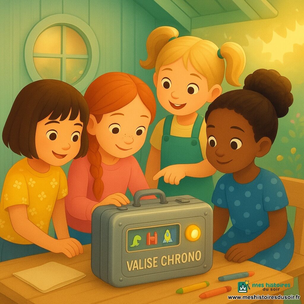 Quatre filles de 5 ans entourent une vieille valise en métal étiquetée « VALISE CHRONO » dans une petite cabane de jardin en bois vert pâle: Lina, cheveux bruns courts en carré, t‑shirt jaune à fleurs, tient la poignée à gauche; Maya, peau mate et chignon, robe bleue à pois, est assise à droite, mains sur les genoux, regardant l’écran clignotant; Zoé, cheveux blonds en couettes, en salopette verte, se tient derrière la valise et pointe le bouton qui clignote jaune-ambre; Inès, rousse tressée avec taches de rousseur, pull rose, ouvre un carnet posé sur la valise au centre-avant. La valise a un bouton rond jaune-ambre et un petit écran montrant des pictogrammes colorés (dinosaure, château, fusée). La lumière chaude filtre par une fenêtre ronde ; on aperçoit une table basse en bois clair, crayons éparpillés, un vieux drap plié, herbe et fleurs à l’extérieur ; textures: métal légèrement patiné, bois grainé, tissus froissés. Atmosphère d’émerveillement, expressions douces, palette pastel avec accents vifs; composition centrée sur la valise, les enfants formant un demi-cercle.