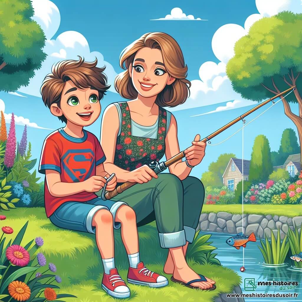 Un garçon de 7 ans, Lucas, avec des cheveux bruns en bataille et des yeux curieux, est assis sur l'herbe du jardin, souriant. Il porte un t-shirt rouge avec un super-héros et un short bleu, tenant une canne à pêche en bois, prêt à pêcher dans un ruisseau à proximité. Sa mère, une femme d'environ 35 ans avec des cheveux châtains en queue de cheval, lui montre comment utiliser la canne à pêche, souriant avec fierté. En arrière-plan, le jardin est rempli de fleurs colorées, d'arbres verts et d'un ciel bleu avec des nuages blancs. La scène montre Lucas et sa mère profitant d'une journée sans écrans à pêcher et explorer la nature, soulignant l'importance de passer du temps en plein air.