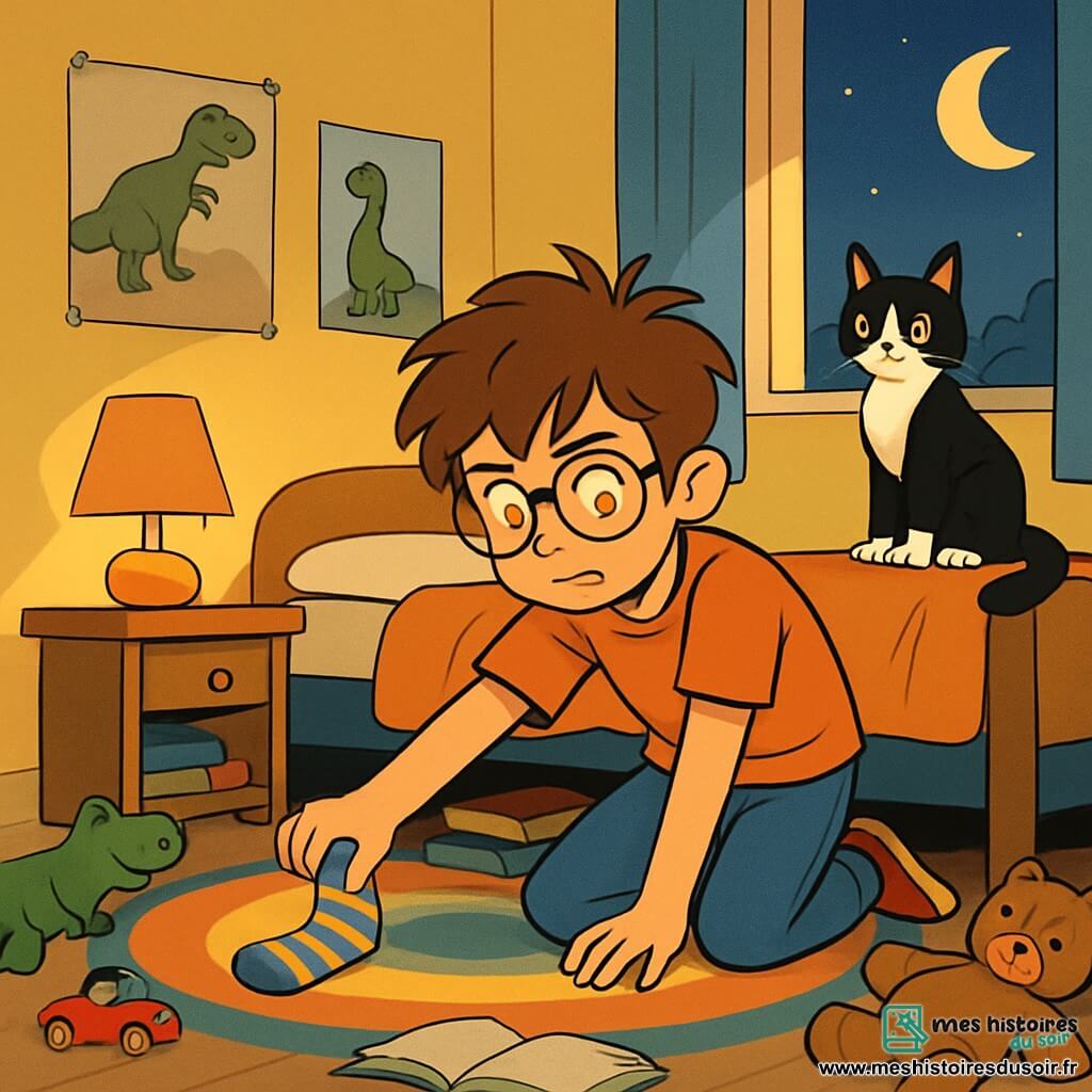 Un garçon de 12 ans, Timothée, avec des cheveux bruns en bataille et des lunettes rondes, est agenouillé dans sa chambre, cherchant sa chaussette bleue à rayures jaunes sous son lit. À côté de lui, un chat noir et blanc nommé Monsieur Chiffon l'observe avec curiosité, assis sur le lit. La chambre est décorée de posters de dinosaures et de jouets, avec une ambiance mystérieuse créée par la lumière de la lune. Timothée fouille frénétiquement dans le désordre joyeux, entouré de peluches et de livres, tandis que l'ombre du chat se dessine sur le mur.