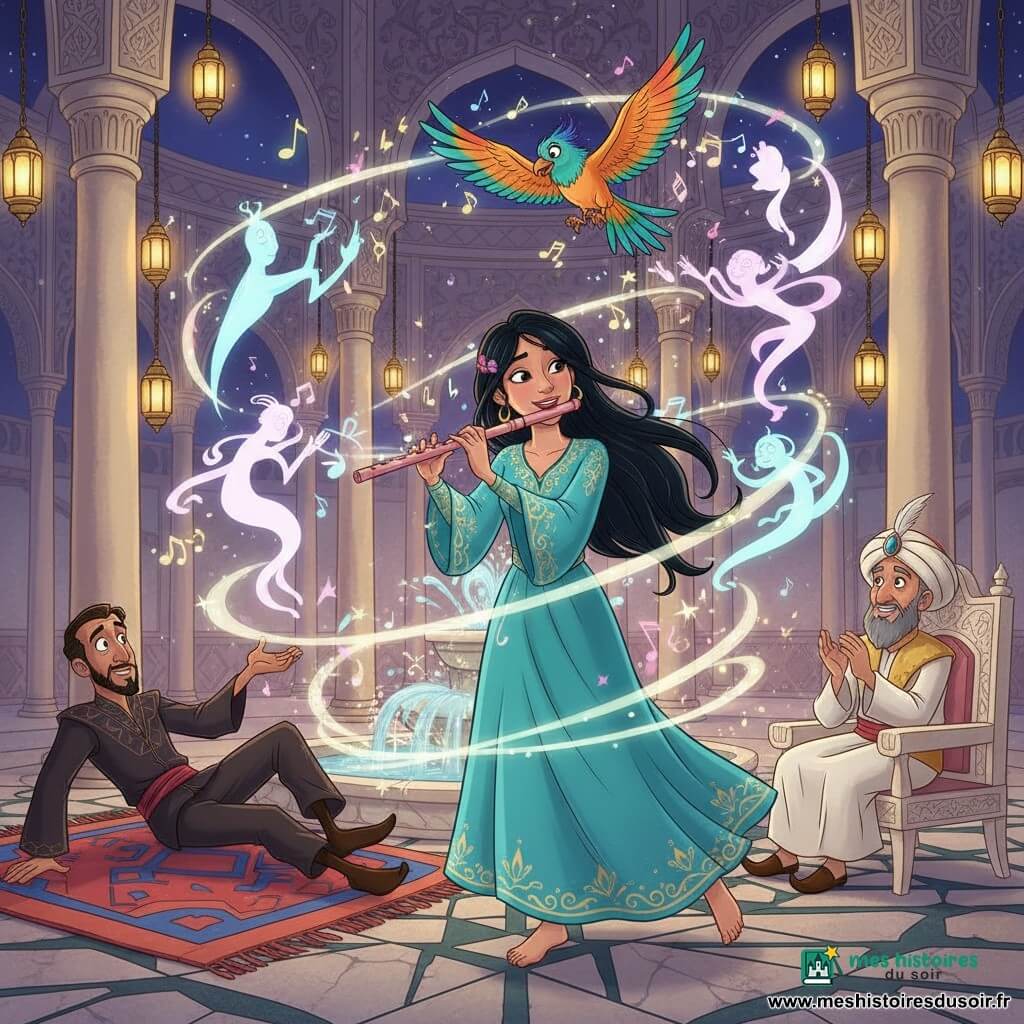 Layla, adolescente (16–18 ans) souriante et émerveillée, joue d’une flûte en bois rose pâle, cheveux longs noirs, robe turquoise fluide brodée d’or, plume arc‑en‑ciel derrière l’oreille, pieds sur la mosaïque et souffle visible en volutes musicales; à droite, le sultan (~50 ans) sur un trône ivoire, visage bienveillant, barbe grise et turban orné applaudissant doucement; à gauche Zalim, le vizir (35–40 ans), au regard surpris et jaloux, costume sombre à motifs géométriques, glissant maladroitement sur un tapis près d’une fontaine; au‑dessus de Layla un oiseau aux plumes arc‑en‑ciel vole, ailes déployées; le palais des songes est une grande salle aux colonnes d’ivoire, murs en mosaïque brillante, centaines de lanternes colorées suspendues, tapis orientaux rouges et bleus et fontaine centrale en marbre scintillante; des esprits lumineux pastel, filiformes et tourbillonnants, dansent autour de Layla en dessinant des arabesques lumineuses; situation principale : la mélodie de Layla fait danser la salle dans une ambiance nocturne aux reflets dorés, expressions heureuses et mouvement joyeux et fluide.