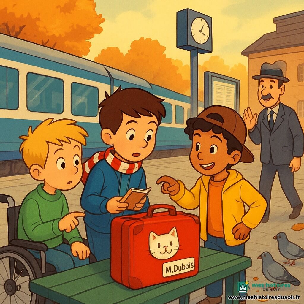 Trois garçons enquêtent sur une valise rouge abandonnée sur un banc d'un quai de gare rétro : Lucas (9 ans), cheveux bruns courts, écharpe rouge et blanche au vent, veste bleue, tient un petit carnet et se penche vers la valise ; Émile (10 ans), en fauteuil roulant, cheveux blonds en brosse, pull vert clair, à gauche de Lucas, pointe un autocollant de chat sur la valise ; Romain (9 ans), cheveux noirs bouclés, casquette portée en arrière, veste jaune, à droite de Lucas, debout et souriant en parlant à un monsieur qui arrive. Le quai animé a un sol en dalles grises, banc vert, panneaux d'horaires, un train bleu et blanc en arrière-plan, quelques pigeons ; la valise porte un autocollant de chat souriant et une étiquette "M. Dubois". L'ambiance est automnale, aux couleurs chaudes, centrée sur la valise et les regards curieux et joyeux des enfants.