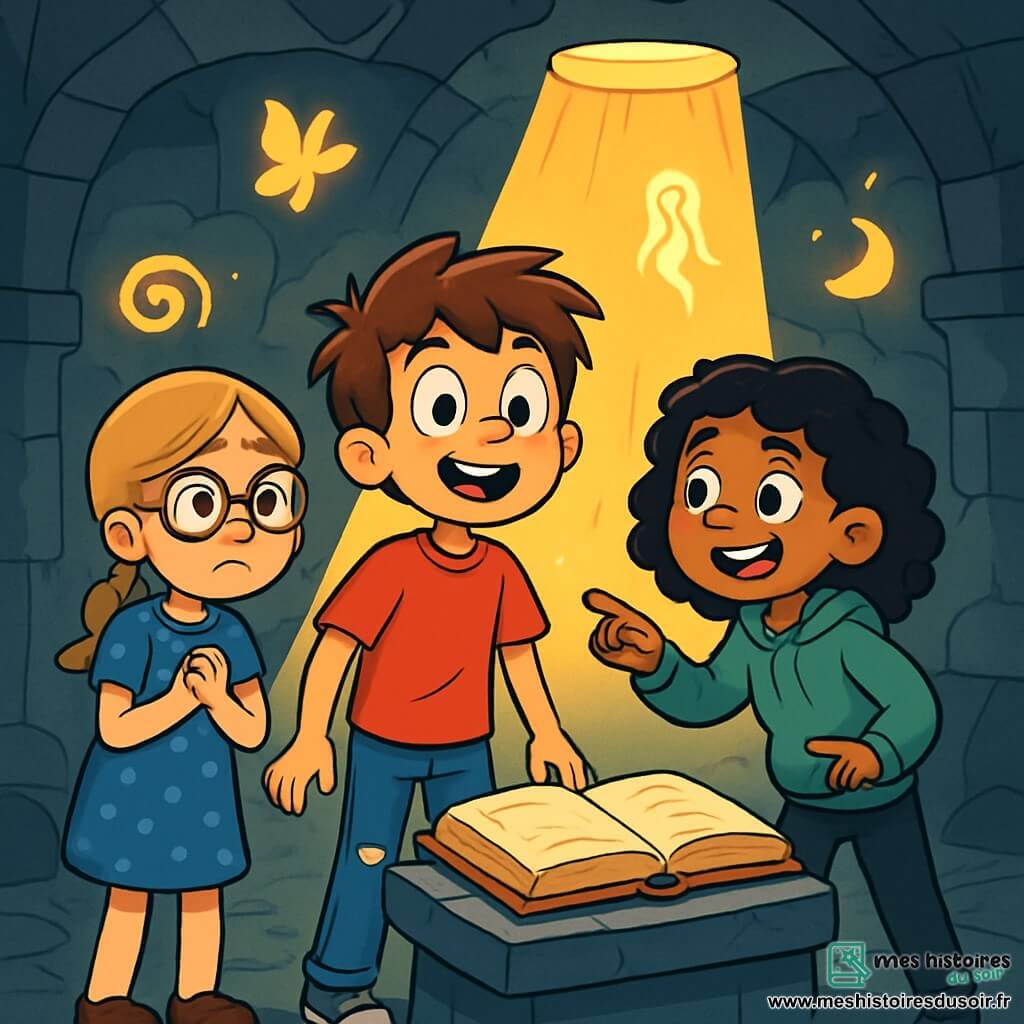 Trois personnages se trouvent dans une caverne souterraine : Lucas, un garçon de 10 ans aux cheveux bruns en bataille, porte un t-shirt rouge et un jean déchiré, et regarde avec excitation un passage secret. Clara, une fille de 10 ans avec des cheveux blonds tressés et des lunettes rondes, est légèrement en retrait à gauche, portant une robe bleue à pois et semblant nerveuse. Jade, également âgée de 10 ans, a des cheveux noirs bouclés et un sourire malicieux, vêtue d'un sweat à capuche vert et d'un pantalon noir, pointe vers le passage avec émerveillement. La caverne est éclairée par un rayon de lumière dorée provenant d'un puits au plafond, illuminant une table en pierre avec un ancien livre ouvert. Les amis découvrent ce passage secret dans le manoir des Ravenswood, leurs visages éclairés par la lumière mystérieuse, tandis que des ombres dansent autour d'eux, créant une atmosphère intrigante et légèrement effrayante.