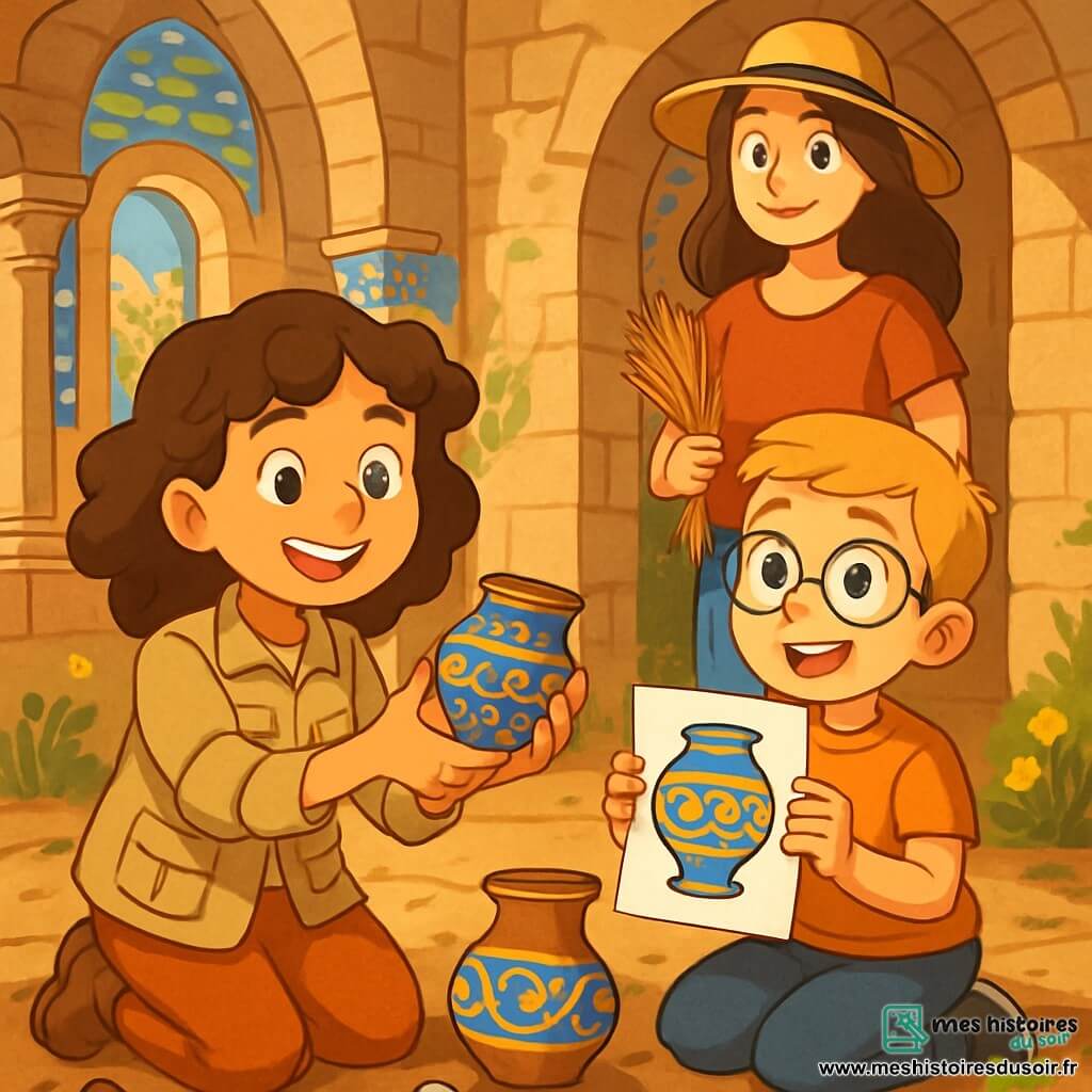 Clara, jeune archéologue aux cheveux châtains bouclés et aux yeux curieux, est agenouillée dans un ancien monastère, examinant un fragment de vase décoré. À ses côtés, Clément, un garçon de dix ans aux cheveux blonds et lunettes rondes, tient un dessin coloré du vase avec un sourire fier. Maëlle, une femme d'une trentaine d'années avec des cheveux bruns, les observe bienveillante, portant un chapeau de soleil et tenant des herbes sèches. Le cloître ancien, avec ses murs en pierre ornés de mosaïques, laisse passer la lumière à travers des fenêtres en arc, créant des ombres sur le sol. Clara et Clément reconstituent le vase cassé, leurs visages illuminés par la découverte, tandis que Maëlle les encourage, créant une atmosphère de camaraderie.