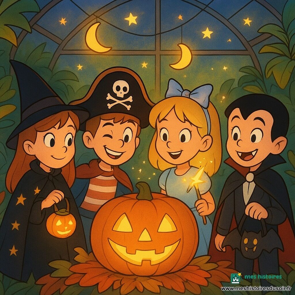 Quatre enfants se trouvent dans une serre enchantée. Zoé, en cape de sorcière noire avec des étoiles dorées, tient une lanterne citrouille. Léo, avec un grand chapeau de pirate, sourit espièglement à côté d'elle. Mina, déguisée en fée, lève une baguette magique scintillante. Pablo, en vampire, tient un sac à bonbons chauve-souris. La serre est baignée de lumière dorée, avec des plantes chatoyantes et des lampions en forme de lunes. Au centre, une grande citrouille sculptée illumine la scène. Les enfants, autour de la citrouille, sont éclairés par la lanterne, créant une atmosphère magique et festive.