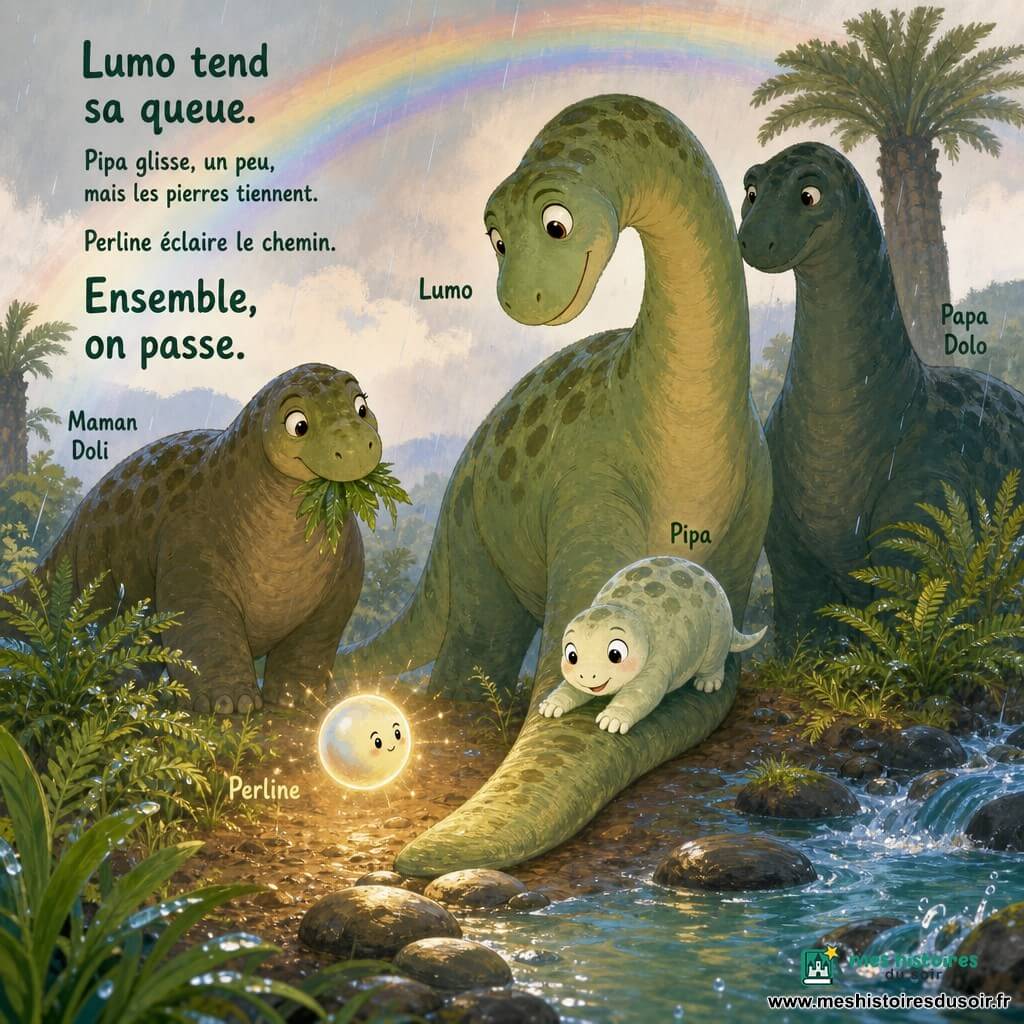Lumo, jeune diplodocus vert à taches olive, tend sa longue queue solide sur le sol boueux comme pont pendant que sa petite sœur ronde Pipa, blanche-vert pâle, pose ses pattes dessus en glissant légèrement ; Maman Doli, plus volumineuse aux teintes brun-vert, mâchouille des feuilles en regardant tendrement, Papa Dolo, plus large et protecteur, veille derrière, tandis que Perline, sphère nacrée aux reflets dorés, éclaire pierre par pierre la traversée sur une berge herbeuse au bord d’une rivière chantante, entre fougères mouillées, pierres glissantes, cycas, sous une pluie chaude et un arc-en-ciel pâle.