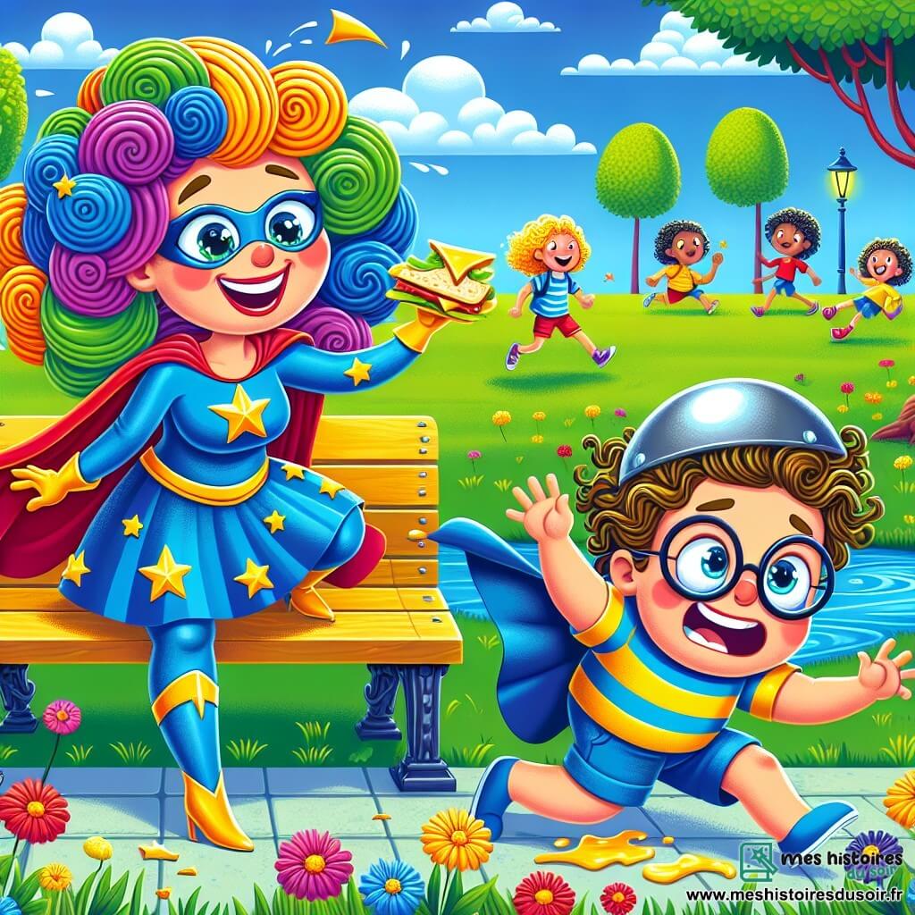Super-Madame, une femme aux cheveux bouclés et colorés, porte un costume de super-héroïne bleu vif avec des étoiles dorées. Elle sourit malicieusement et se tient sur un banc du parc, prête à bondir, un sandwich au fromage à la main, sa cape flottant derrière elle. À côté, Trébuchon, un garçon d'environ 10 ans avec des lunettes rondes et un t-shirt rayé, trébuche sur ses pieds en essayant de s’échapper avec une énorme cloche en métal sur le dos, semblant confus et effrayé. Le parc est rempli de fleurs colorées et d'arbres majestueux sous un ciel bleu clair, avec des enfants jouant au loin et un petit chien curieux. Super-Madame rit de la maladresse de Trébuchon, qui peine à s'enfuir en se prenant les pieds dans le gazon.