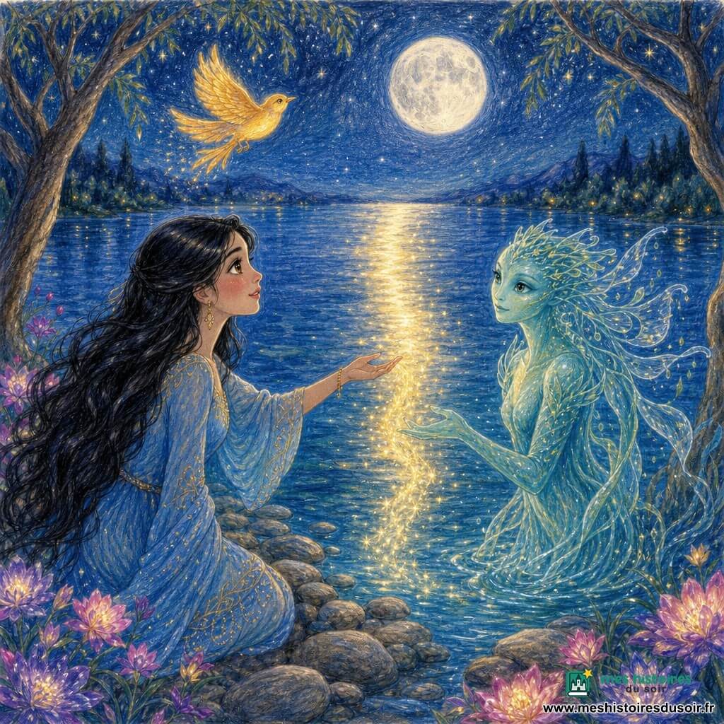 Une jeune femme d’environ vingt ans, aux longs cheveux noirs brillants et aux yeux en amande noisette, porte une robe légère bleue à broderies dorées ; au bord d’un lac nocturne aux eaux cristallines reflétant la pleine lune argentée, elle affiche une expression émerveillée et tend la main vers un sentier étroit de lumière dorée qui jaillit de l’eau et forme un pont vers l’horizon. La Gardienne du Lac, créature aquatique lumineuse non humaine au corps translucide bleu‑vert et aux voiles flottants comme des algues, émerge à mi‑hauteur près de la rive et envoie la lumière vers la femme, tandis qu’un petit oiseau doré aux ailes scintillantes vole au‑dessus comme pour guider le chemin ; les rives de pierres lisses, des fleurs roses et violettes luminescentes et des arbres aux branches courbées encadrent la scène.