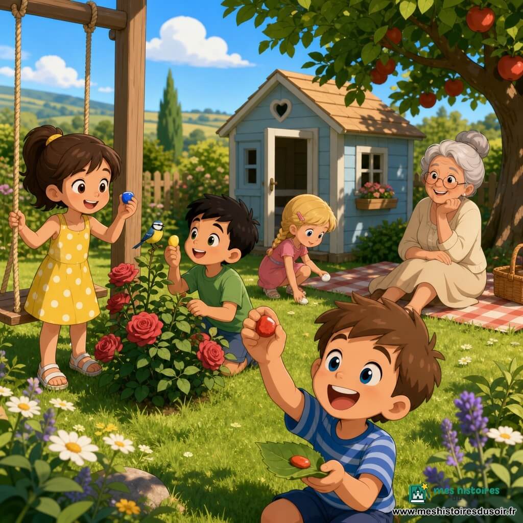 Cinq personnages dans un jardin de maison de campagne ensoleillé : quatre enfants font une chasse au trésor en montrant chacun fièrement un petit caillou coloré — Lila, 6 ans, cheveux bruns en couette, robe jaune à pois, tient un caillou bleu près de la balançoire à gauche ; Noa, 5 ans, cheveux courts noirs, t‑shirt vert, regarde un oiseau et tient un caillou jaune près du rosier centre‑gauche ; Jade, 6 ans, cheveux blonds en natte, robe rose, ramasse un caillou blanc derrière une petite cabane bleue pâle centre‑droit ; Sami, 5 ans, peau claire, t‑shirt rayé bleu, rit en montrant un caillou rouge à l’avant‑plan — et Mamie, ~65 ans, cheveux gris en chignon, vêtue de crème, sourit assise sur une couverture à carreaux à l’ombre d’un pommier; ambiance chaleureuse et ludique avec fleurs colorées et taches de lumière.