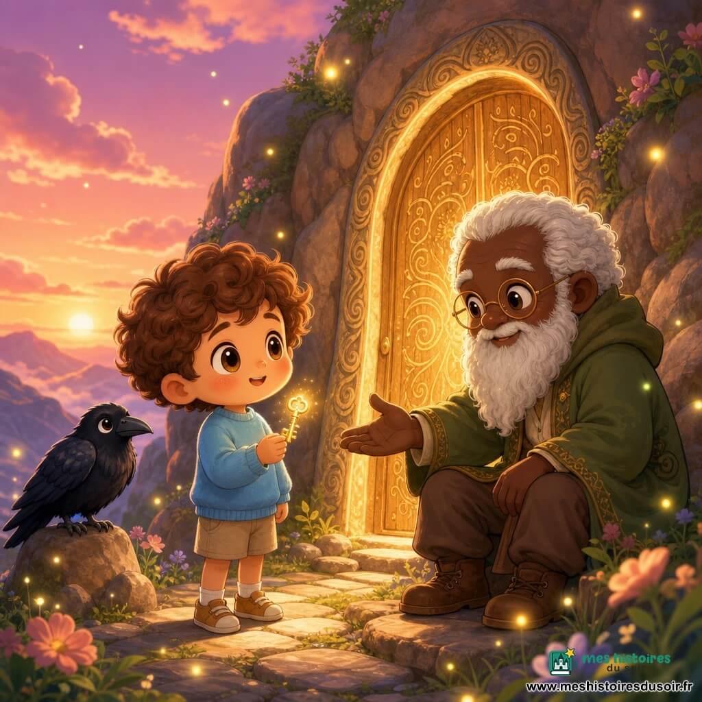 Un garçon de 6 ans, joyeux et émerveillé, tient une petite clé dorée brillante ; cheveux châtains bouclés, grands yeux noisette, joues rosées, pull bleu ciel et pantalon beige court, il sourit timidement en regardant une porte lumineuse sculptée dans la roche sur un chemin de pierres ; un vieil homme sage d'environ 70 ans, calme et bienveillant, à longue barbe blanche, lunettes rondes et manteau vert olive, est assis près de la porte en tendant la main ; un corbeau noir au plumage brillant est perché sur une pierre à proximité ; le sommet montagneux aux pierres arrondies accueille une grande porte en bois incrustée de symboles dorés, sous un ciel rose-orangé de coucher de soleil ; atmosphère féerique aux couleurs pastel, éclairage doux, petites fleurs et lucioles, composition centrée sur la rencontre.