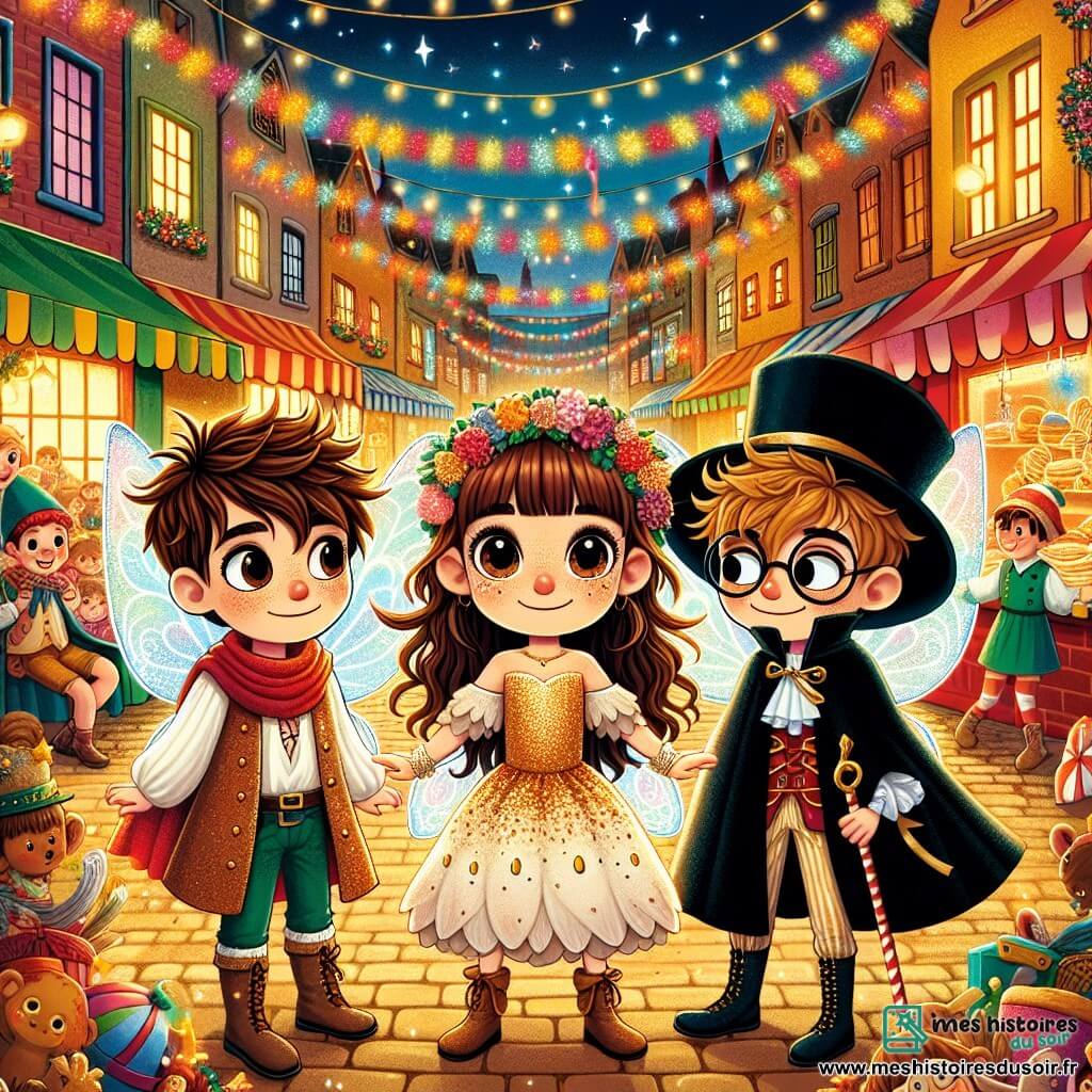 Dans un village coloré, trois enfants se tiennent au centre de la scène. Léa, douze ans, porte un costume de fée avec des ailes scintillantes et une couronne de fleurs. À sa droite, Tom, blond et déguisé en pirate, tient une épée en plastique. À gauche, Sam, en magicien avec une cape noire et une baguette magique, porte des lunettes rondes. Le décor est une rue animée de Montflor, avec des guirlandes et des lanternes, des stands de crêpes et des enfants riant. En arrière-plan, un vieux bâtiment en bois présente des costumes flamboyants. La scène capture le moment où les enfants découvrent les coulisses du carnaval, entourés de décorations festives, prêts pour la grande parade.