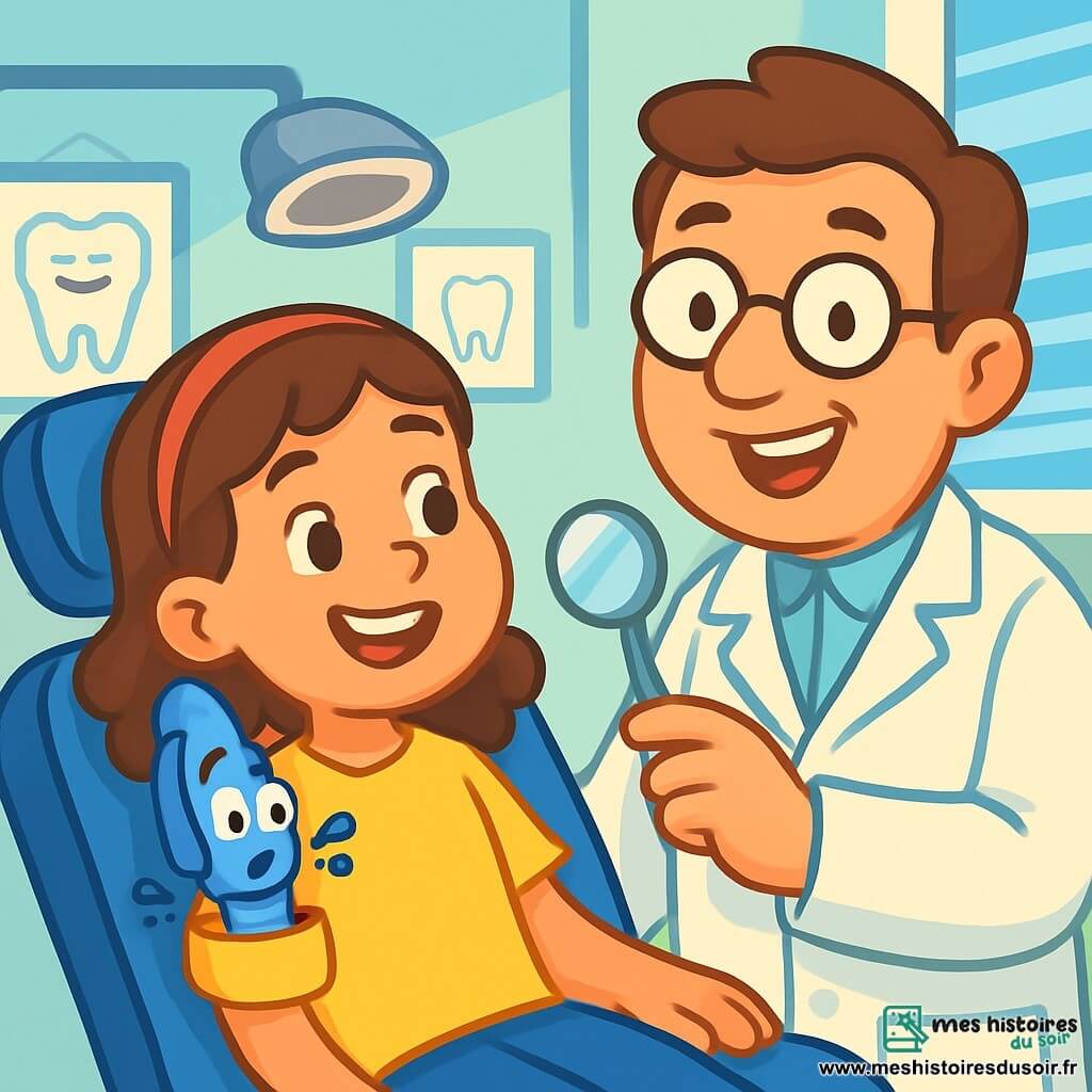Petit Plume, un stylo bleu aux traits arrondis et à la capuchon souriant, est dans la poche de Léa, une petite fille aux cheveux bruns et bouclés, qui porte un t-shirt jaune. Elle est assise sur une chaise de dentiste, entourée d'instruments brillants. Le dentiste, jovial avec une blouse blanche et des lunettes rondes, se tient à côté d'elle, prêt à expliquer la visite. La salle est lumineuse, avec des murs bleu pastel et des affiches de dents souriantes. Petit Plume observe la situation avec curiosité et appréhension, tandis que Léa, détendue, se prépare à découvrir que cette expérience n'est pas si effrayante.
