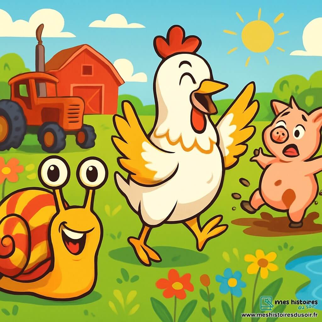 Un escargot nommé Turbo, avec une carapace rayée rouge et jaune, se tient au centre de l'image, souriant malicieusement. À côté de lui, Ginette la poule, avec ses plumes blanches et dorées, rit sur une patte, ses ailes écartées. Un peu plus loin, Gustave le cochon, avec son ventre rond et rose, se relève après avoir glissé dans une flaque de boue, l'air comique. Le décor est une ferme ensoleillée avec un vieux tracteur rouillé, des champs de fleurs colorées et une mare scintillante. La scène est joyeuse et ludique, avec les animaux s'amusant ensemble dans l'herbe verte.