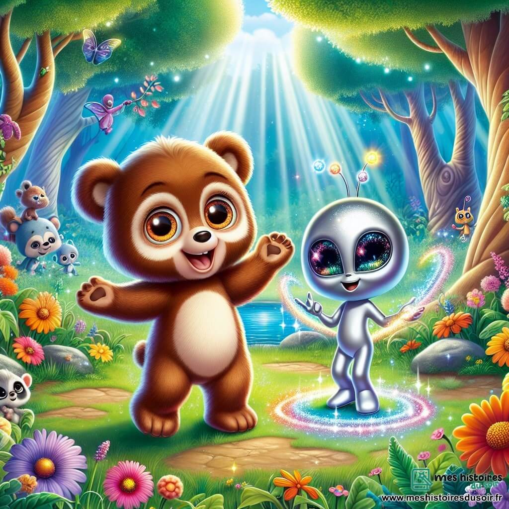 Dans une forêt enchantée, un jeune ours brun nommé Bréno danse joyeusement dans une clairière entourée de fleurs colorées et de rayons de soleil. À ses côtés, Zylor, un extraterrestre petit et élancé à la peau argentée, joue de son instrument lumineux, créant des notes colorées. La clairière est luxuriante, avec des arbres tordus et un lac scintillant en arrière-plan. La scène montre Bréno et Zylor célébrant leur amitié, dansant et jouant ensemble, entourés d'animaux de la forêt dans une ambiance festive.