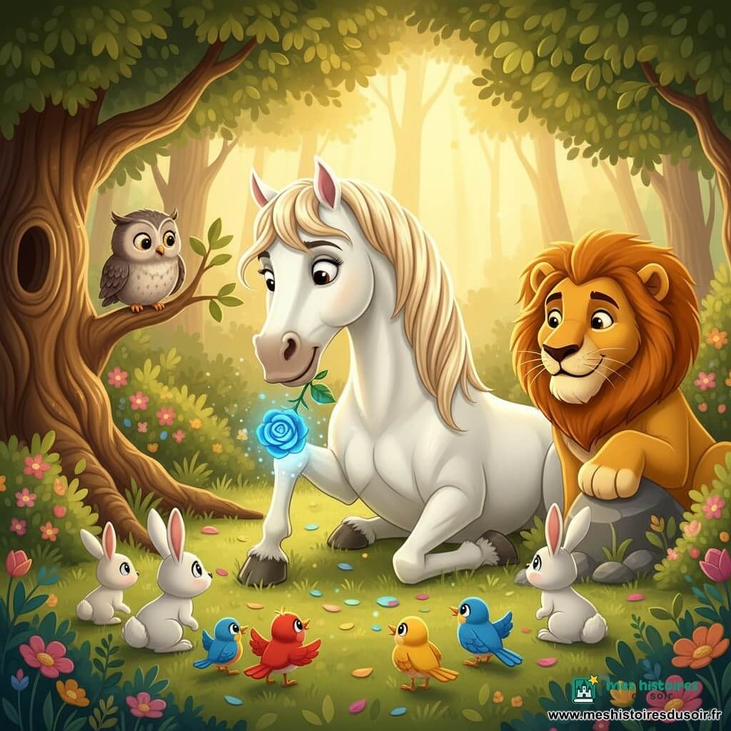 Flocon, grand cheval blanc au pelage lustré et crinière crème, pose délicatement une rose bleue brillante entre ses dents au centre d'une clairière; une vieille chouette grise aux yeux jaunes veille sur une branche à gauche, Léo le lion majestueux est assis à droite, quelques lapins blancs et oiseaux colorés forment un demi-cercle devant, l'herbe courte et des fleurs pastel entourent un vieux chêne et des buissons, des rayons dorés percent le feuillage, et au moment magique où la rose émet une douce lueur faisant s'ouvrir les fleurs tandis que des particules lumineuses flottent, l'ambiance chaleureuse est en style 3D cartoon cel-shading aux couleurs vives, contours nets et textures lisses.