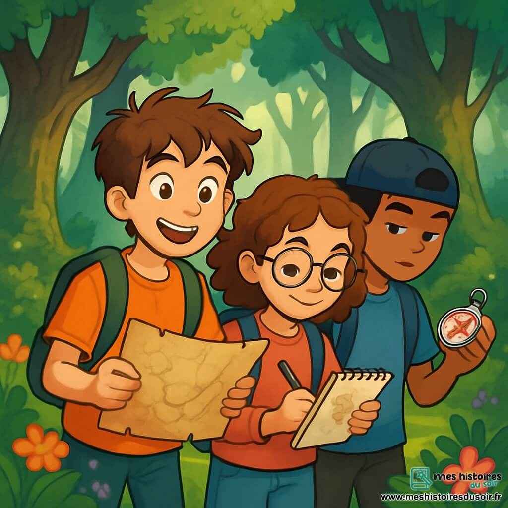 Eliott, un garçon de 12 ans aux cheveux châtains en bataille et aux yeux curieux, tient une vieille carte avec excitation à l'orée d'une forêt mystérieuse. À ses côtés, Zoé, 11 ans, avec des lunettes rondes et des cheveux bouclés, dessine des croquis de la forêt, souriante et déterminée. Malik, également 12 ans, observe une boussole avec concentration. La scène se déroule à l'entrée d'une forêt dense, où de grands arbres filtrent la lumière du soleil, créant des ombres sur le sol. Des fleurs colorées bordent le chemin et une légère brume ajoute du mystère. Ensemble, ils sont prêts à choisir leur chemin et à commencer leur aventure.