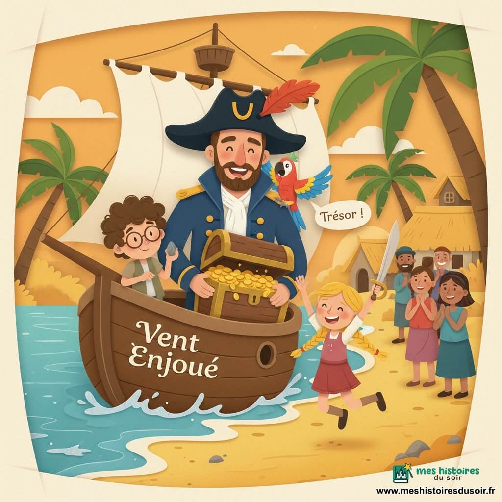 Le capitaine Lucien, souriant et victorieux, porte un grand feutre noir à plume rouge, une barbe soignée et une veste marine à boutons dorés; il tient un coffre ouvert rempli de pièces d’or scintillantes, debout au bord du bateau amarré sur le sable; à la proue, Timoteo (≈9 ans), timide mais fier, aux cheveux bouclés et lunettes rondes, tient une petite pierre et regarde le coffre; devant le bateau, Léa (≈11 ans), intrépide, avec des tresses et une épée en bois, saute joyeusement les bras levés; Pépito, perroquet rouge, bleu et vert, est perché sur l’épaule du capitaine en criant « Trésor ! »; en arrière-plan, une plage dorée bordée de palmiers et de maisons de pêcheurs aux toits de chaume, des villageois en silhouettes applaudissent; le bateau « Vent Enjoué », en bois peint aux voiles blanches, est posé à mi-marée avec reflets argentés sur l’eau calme; scène lumineuse de fin d’après-midi aux couleurs chaudes orange et bleu, centrée sur le coffre ouvert et les visages joyeux.