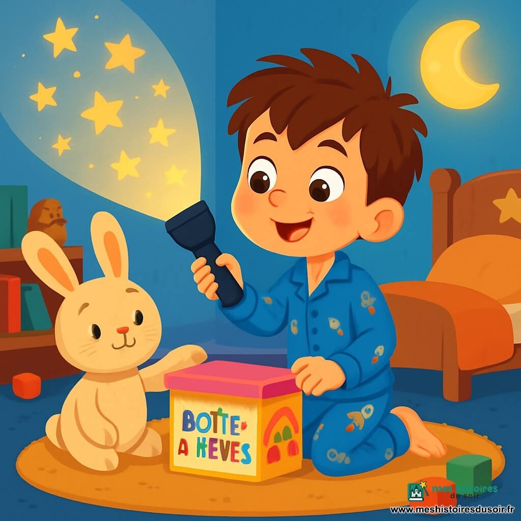 Léo, un garçon de 6 ans aux cheveux bruns en bataille et aux yeux curieux, porte un pyjama bleu avec des fusées. Il sourit en tenant une lampe de poche qui projette des étoiles sur les murs de sa chambre. À ses côtés, son doudou Lapinou, un lapin en peluche, l'encourage. La chambre est chaleureuse avec des murs bleu clair, un tapis moelleux et des jouets au sol. Une veilleuse en forme de lune crée une ambiance magique. Léo prépare sa Boîte à rires, une boîte à biscuits décorée, prête à accueillir les mini-cauchemars qu'il va chasser, concentré et déterminé à vivre une aventure pleine de rires.