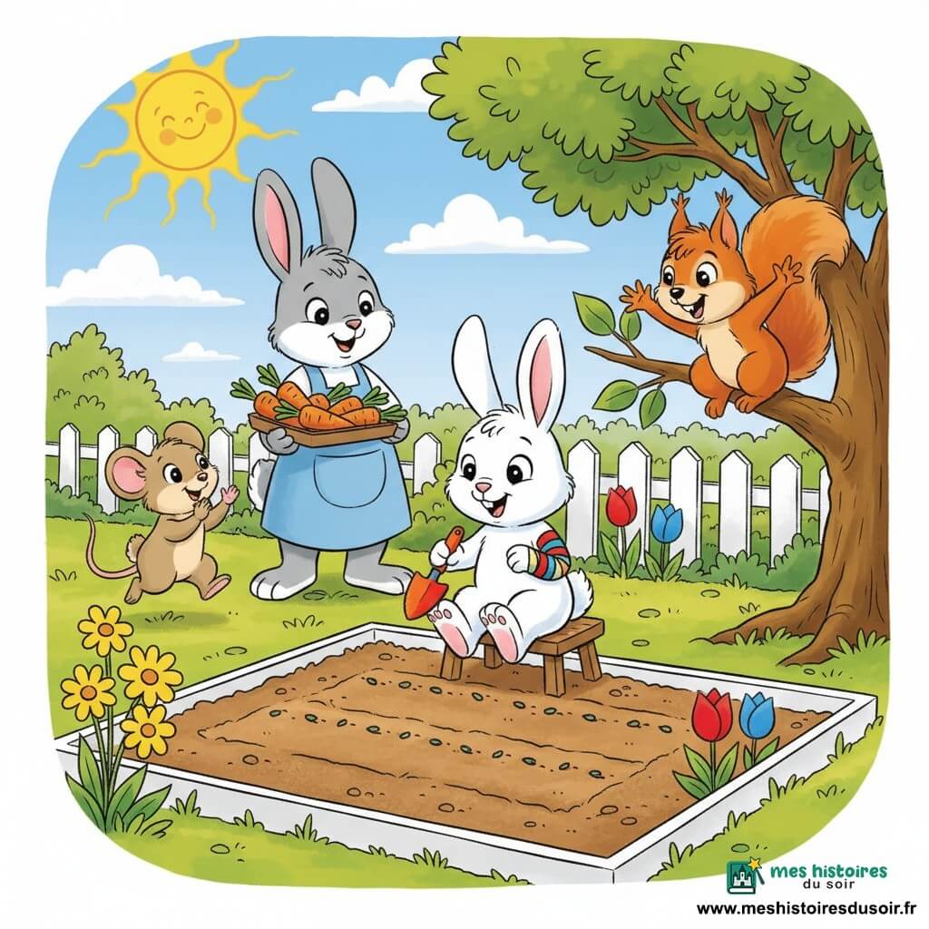 Petit lapin blanc Léo, joyeux, patte bandée, assis sur un tabouret en bois, plante une rangée de carottes avec une petite truelle orange; Maman Lapin, grise et souriante, tient un plateau de carottes derrière lui; Sophie la souris beige applaudit à gauche près de fleurs jaunes; Max l'écureuil roux, accroché à une branche du chêne à droite, agite la queue en souriant; jardin lumineux avec parcelle rectangulaire de terre travaillée et lignes de graines, clôture blanche, quelques tulipes rouges et bleues, ciel bleu et soleil souriant; scène chaleureuse aux couleurs vives, traits doux et style clair pour les tout-petits.