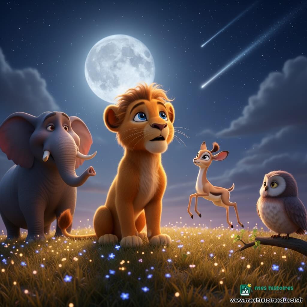 Un jeune lion doux et curieux aux yeux bleu étoilé, assis sur une colline de petites fleurs luminescentes, crinière légèrement ébouriffée et pelage doré baigné de clair de lune; à sa droite, Zina la gazelle vive sourit en le regardant; à sa gauche, en arrière-plan, Rafiki l'éléphant sage, trompe levée, apparaît calme et bienveillant; au premier plan à droite, Luna la chouette ronde observe depuis une branche basse; la colline aux herbes dorées sous une pleine lune argentée et un ciel étoilé avec quelques étoiles filantes, ambiance magique aux couleurs chaudes, contrastes doux et éclairage créant des ombres délicates façon film d'animation 3D.