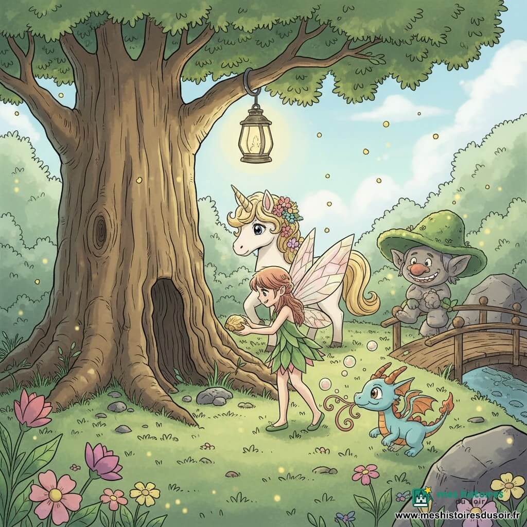 La petite fée Lili, aux ailes translucides roses et dorées et robe courte en pétales verts, tient un coquillage doré qu'elle dépose au pied du grand Chêne-Sage tandis que ses amis l'observent avec tendresse : le dragonnet bleu ciel et orange Flamme-Miette souffle de petites bulles tièdes à sa droite, la licorne blanche Nuage-Doux à la crinière vanille et fleurs trotte doucement derrière, et un petit troll de pierre gris au chapeau de mousse vert sourit depuis un caillou près d'un pont en bois; la scène se passe dans une clairière ronde au tapis de mousse verte et fleurs colorées, éclairée par des lucioles et une lanterne, ambiance chaleureuse aux couleurs pastel et traits bienveillants.