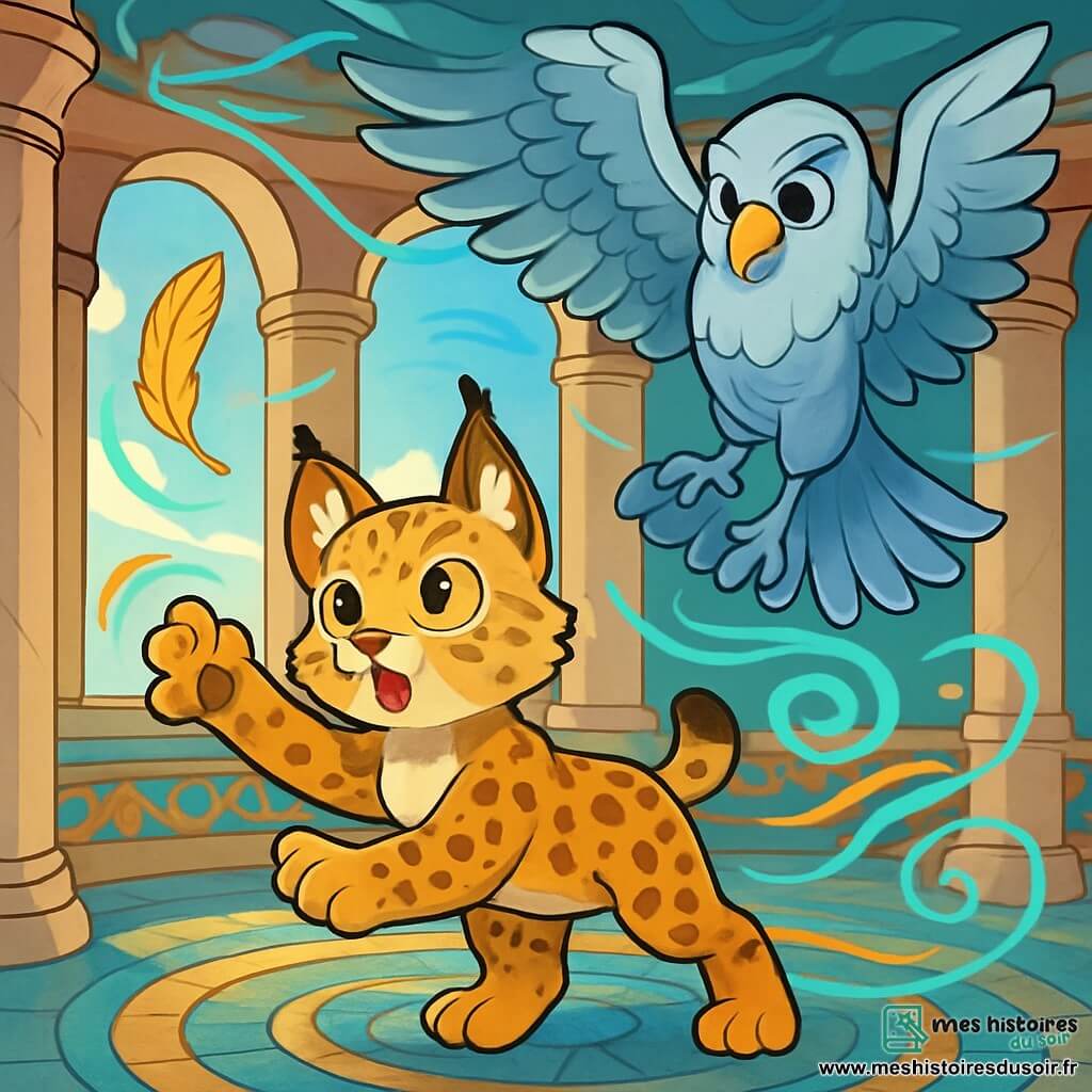 Au sommet de la Tour des Vents, un jeune lynx aux yeux dorés et à la fourrure tachetée se tient déterminé, regardant une plume dorée flottant dans l'air, prêt à l'attraper. À ses côtés, un oiseau aux ailes d'argent, Venturis, déploie ses plumes brillantes, observant le lynx avec bienveillance. Le décor est une salle circulaire ornée de mosaïques anciennes, où des courants d'air colorés tourbillonnent autour de colonnes en marbre, tandis que la lumière du soleil crée des reflets scintillants. La scène montre le lynx tendant la patte vers la plume dorée, avec une atmosphère magique et dynamique.