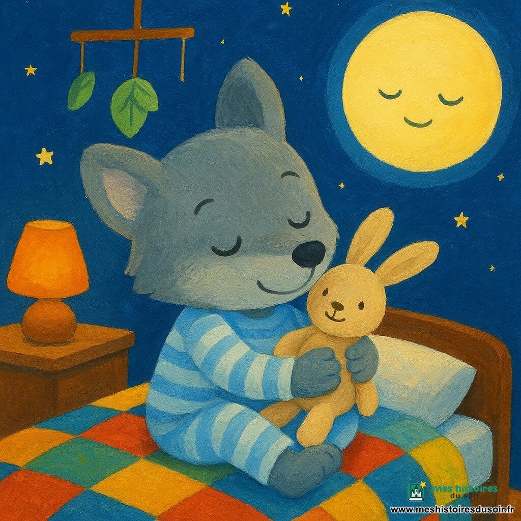 Un petit loup enfantin au pelage gris, oreilles arrondies et visage serein serre contre sa joue un doudou lapin beige souriant ; vêtu d’un pyjama rayé bleu clair et blanc, il est assis sur un lit bas à couverture en patchwork, une jambe repliée, la couverture remontée jusqu’au menton, prêt à s’endormir dans une chambre nocturne aux murs bleu nuit étoilés, sol en bois chaud, veilleuse orange diffuse sur la table de nuit ; par la fenêtre ronde la lune jaune pâle sourit et projette des rayons doux, et un petit mobile en bois avec une feuille verte tourne lentement près de sa tête.
