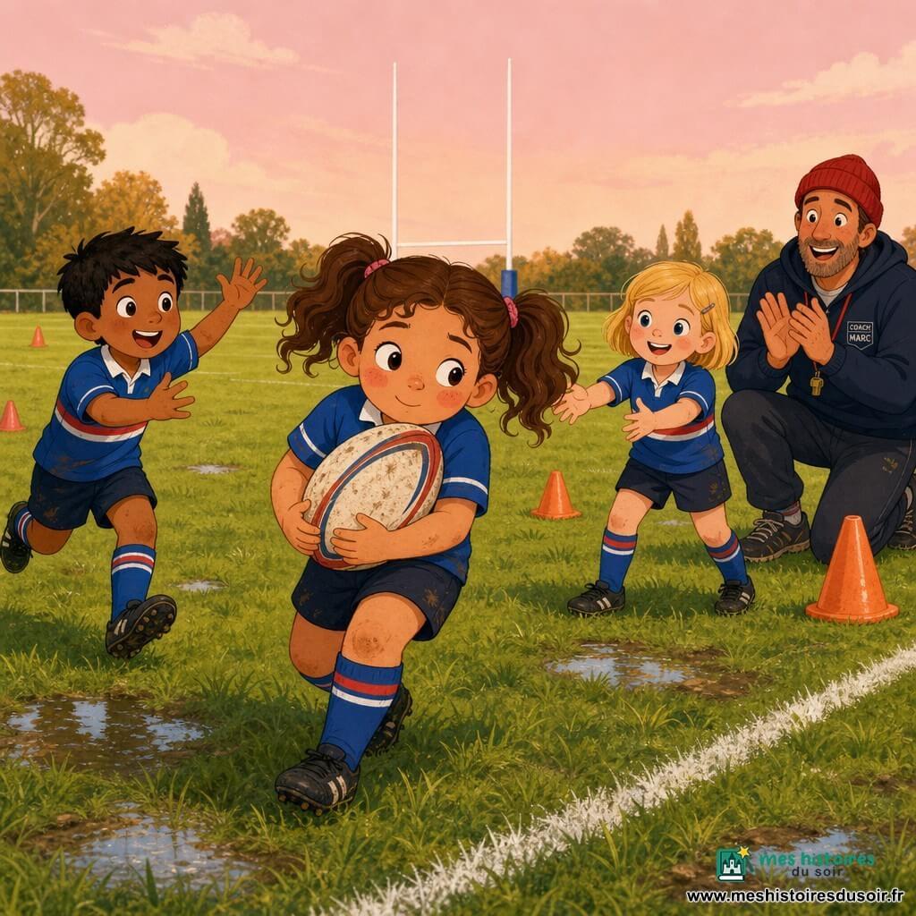 Lina, 6 ans, visage rond, couettes brunes et joues rosies, émue et fière, serre contre elle un ballon ovale rugueux après une passe difficile, posture légèrement penchée, regard concentré et sourire timide; Salomé, 6 ans, cheveux blonds courts, souriante, se tient à quelques pas à droite, bras tendus pour soutenir; Yassine, 7 ans, peau hâlée et cheveux noirs courts, à gauche, bras levés en attente de la passe, prêt à partir; Coach Marc, quadragénaire au bonnet rouge, accroupi au bord du terrain près d’un cône, applaudit et encourage; terrain de rugby enherbé avec flaques légères, cônes orange, poteaux blancs et ligne de touche sous un ciel rose pâle de fin d’après-midi; ambiance de jeu collectif et d’entraide; style illustration vectorielle plate, couleurs vives et contrastées, contours nets, formes simples et textures légères, composition centrée sur Lina.