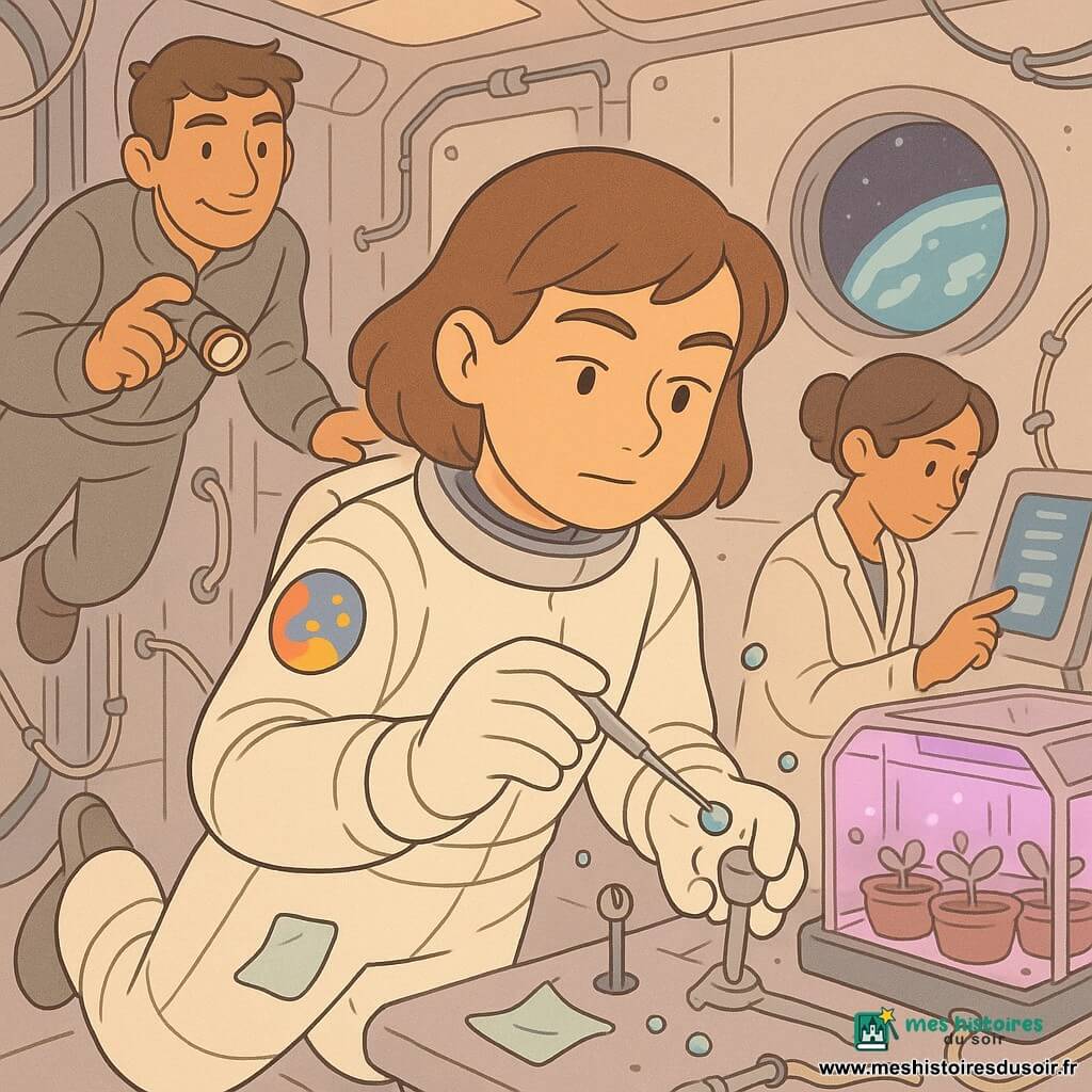 Lina Morel, jeune astronaute au visage déterminé et serein, cheveux bruns courts, combinaison spatiale blanche à écusson coloré, fixe une petite bulle d'eau collée à un raccord et manipule une pince fine avec précision ; Malik, homme d'une trentaine d'années au teint hâlé et sourire en coin, en tenue de travail grise, tient une lampe torche LED et flotte juste derrière pour aider ; Yumi, femme d'une trentaine d'années aux cheveux attachés et au regard concentré, en blouse légère, consulte un écran tactile près d'une mini-serre en plastique transparent. Lieu : laboratoire compact de station spatiale aux parois métalliques lisses, câbles rangés, poignées, petite serre avec lampes LED violettes et pots de terre, hublot rond montrant la Terre bleue. Situation : réparation d'une fuite d'eau minuscule en apesanteur avec gouttes sphériques flottantes, lingettes absorbantes et outils attachés par cordons, ambiance calme et collaborative, lumière douce et couleurs pastel. Style : traits ronds, couleurs chaudes et contrastes doux, expressions claires, gestes lisibles et détails techniques simplifiés pour un rendu enfantin.
