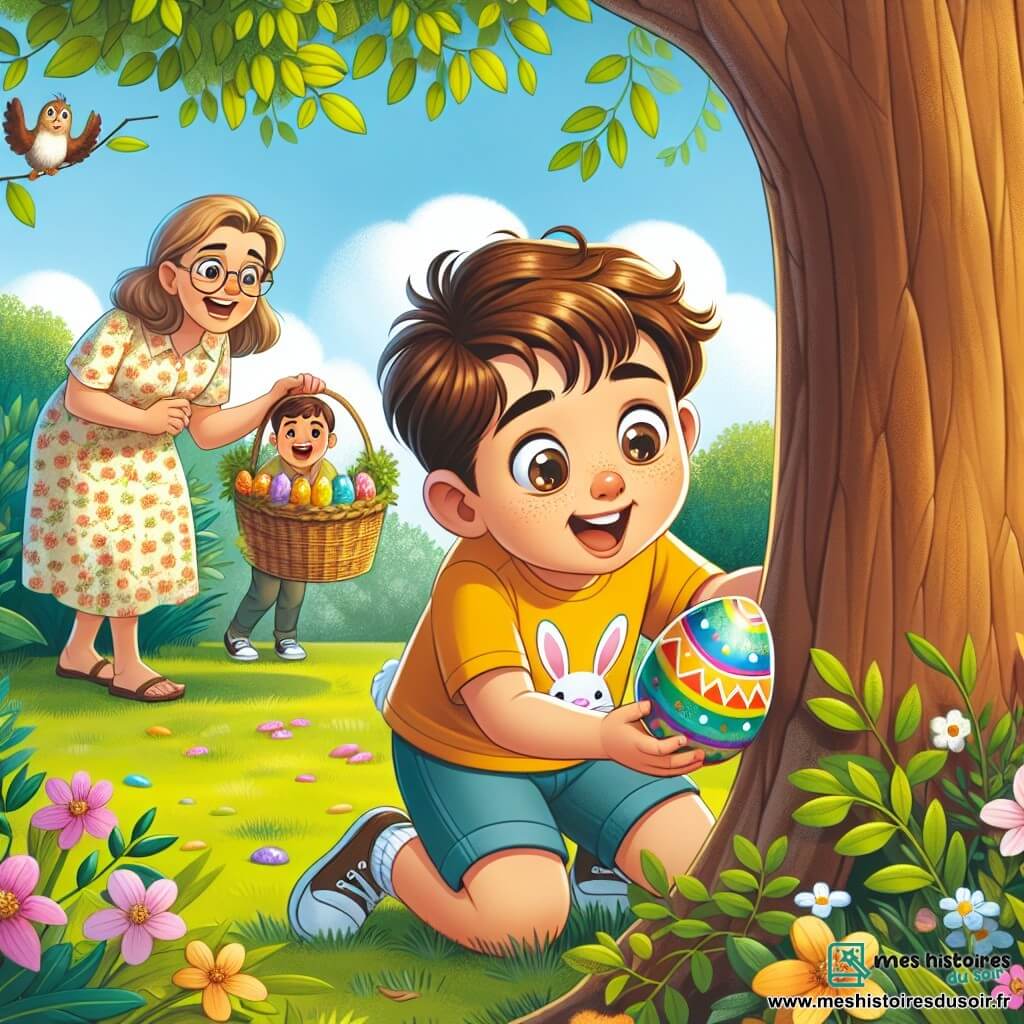 Lucas, un petit garçon de 4 ans aux cheveux bruns en désordre et aux yeux curieux, est accroupi sous un grand arbre. Il porte un t-shirt jaune avec des lapins et un short bleu, exprimant joie et excitation en découvrant un œuf en chocolat caché sous les feuilles. Sa maman, une femme d'environ 30 ans avec de longs cheveux châtains, l'encourage en se penchant en avant, tandis que son papa, un homme d'environ 35 ans avec une barbe légère et des lunettes, tient un panier d'œufs colorés, observant son fils avec fierté. Le jardin est lumineux, rempli de fleurs éclatantes et d'herbe verte, sous un ciel bleu parsemé de nuages blancs. Lucas soulève des feuilles avec enthousiasme, découvrant un œuf doré, tandis que ses parents partagent sa joie.