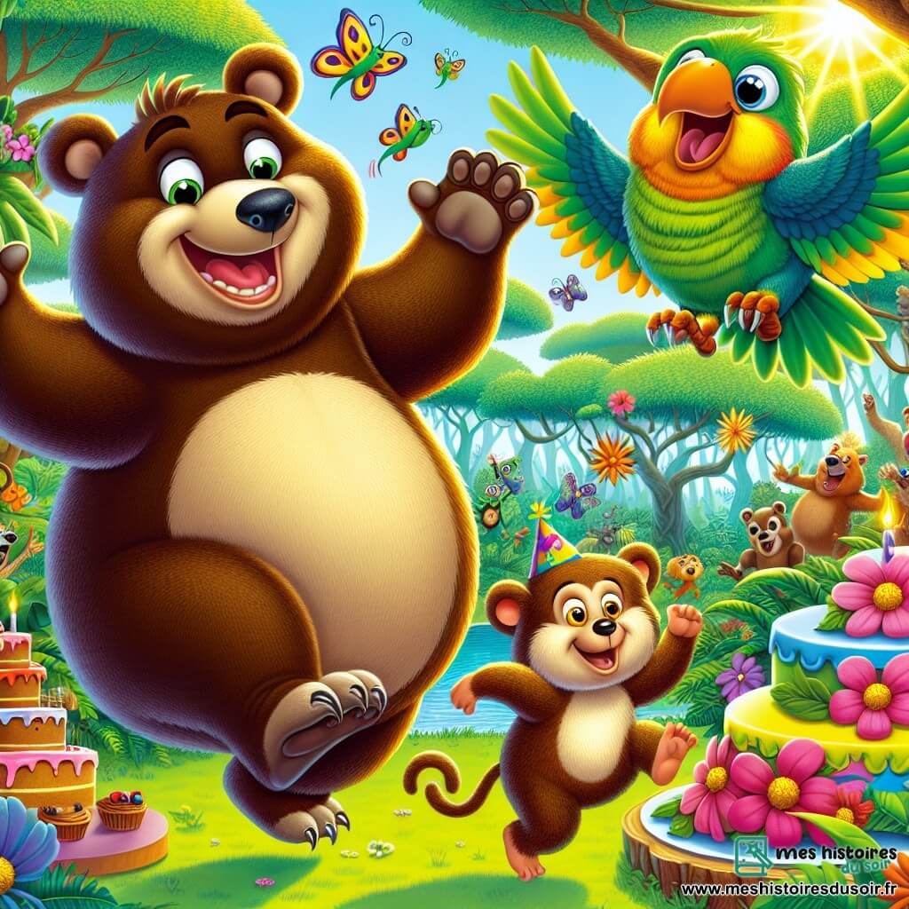 Un ours nommé Boule, avec une fourrure brillante et un ventre rond, danse joyeusement dans une jungle colorée, son visage rayonnant de bonheur. À ses côtés, Sauterelle, un singe espiègle, saute de joie, tandis que Pipo, un perroquet aux plumes éclatantes, s'envole en chantant. La jungle est luxuriante avec de grands arbres et des fleurs éclatantes, sous un soleil doré. La scène montre Boule et ses amis préparant une fête, entourés de gâteaux et de décorations, avec des animaux dansant autour d'eux.