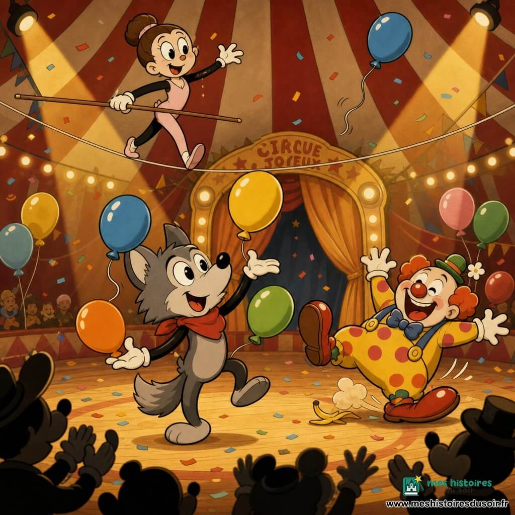 Petit Loup, jeune loup anthropomorphe au pelage gris, foulard rouge et sourire joyeux, jongle maladroitement sur scène avec des ballons dont un s'envole ; au-dessus, Lili, funambule élancée en justaucorps rose, le regarde en l'encourageant, tandis que Zizi, clown rond en costume à pois et nez rouge, trébuche comiquement derrière lui ; le chapiteau rayé rouge et blanc, rideaux dorés, scène en bois et projecteurs chaleureux laissent place à une ambiance festive avec confettis, ballons et silhouettes applaudissant.