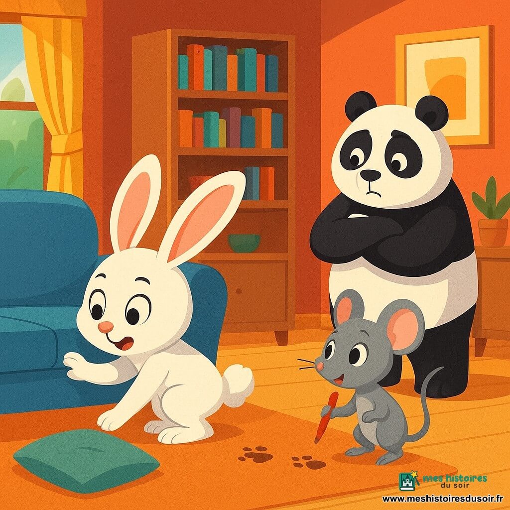 Léo le lapin, avec ses grandes oreilles et son pelage blanc, fouille derrière un canapé bleu, curieux et déterminé. À ses côtés, Adèle la souris, agile et avec un pelage gris, observe avec un feutre rouge à la patte. Pablo le panda, grand et rond, reste en retrait, les bras croisés, l'air pensif. Ils se trouvent dans un coworking chaleureux, avec des murs colorés et des étagères de livres. La lumière du soleil éclaire la scène. Léo et ses amis enquêtent pour retrouver des objets disparus, avec des traces de petites pattes et un coussin renversé, créant une ambiance de mystère et d'aventure.