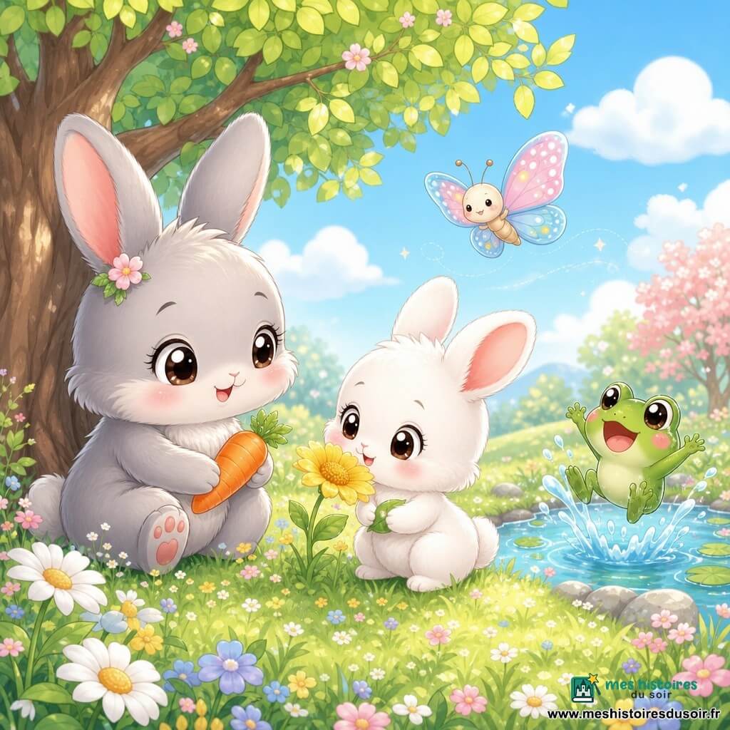 Petit lapin blanc chibi, fourrure duveteuse, grandes oreilles roses, yeux ronds brillants et sourire curieux, renifle une grande fleur jaune en tenant une petite feuille ; sa maman lapine chibi plus grande au pelage gris clair, regard tendre, est assise sous un arbre à gauche et lui tend une carotte orange brillante ; à droite, une grenouille verte chibi, surprise et gaie, saute au bord d’une petite mare scintillante en éclaboussant l’eau, tandis qu’un papillon multicolore chibi aux ailes translucides roses et bleues vole juste au‑dessus ; le tout dans une prairie printanière lumineuse à herbe verte perlée de rosée, petites marguerites, grand arbre aux feuilles vert clair et ciel bleu pâle avec quelques nuages, pour une scène douce et paisible.