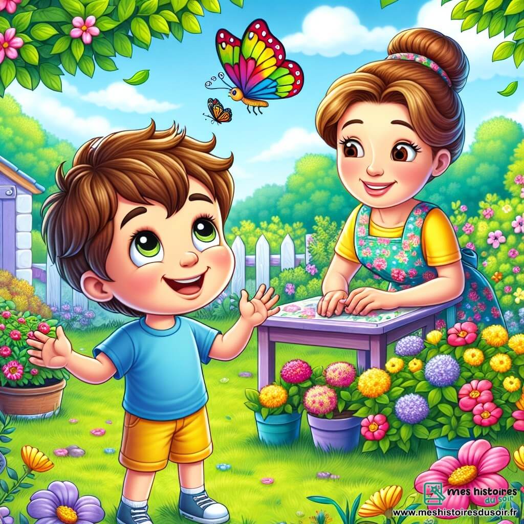 Un garçon de 8 ans, Tom, aux cheveux bruns en bataille et aux yeux curieux, se tient dans un jardin coloré. Il porte un t-shirt bleu et un short jaune, visiblement excité par un papillon multicolore qui vole autour de lui. Sa maman, une femme d'une trentaine d'années avec des cheveux châtains en chignon, sourit près d'une table de jardin en préparant des pots de fleurs. Le jardin est vibrant, avec de l'herbe verte et des fleurs roses, jaunes et violettes, ainsi que des arbres en fleurs. Tom, émerveillé, tend la main vers le papillon, prêt pour une nouvelle aventure printanière.