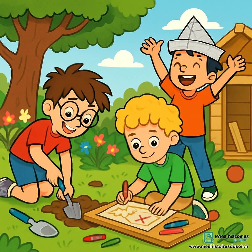 Trois garçons de 10 ans sont dans un jardin ensoleillé. Max, avec des cheveux bruns en bataille et des lunettes rondes, creuse avec une pelle, souriant. Théo, aux cheveux blonds et bouclés, est assis sur une planche, dessinant une carte au trésor. Léo, avec des cheveux noirs et un chapeau de pirate en papier, rit aux éclats à côté de Max. Le jardin est rempli de fleurs colorées, d'un grand chêne, d'outils de jardinage éparpillés et d'une cabane en bois inachevée. Les trois amis s'amusent en chassant le trésor, créant une ambiance joyeuse.