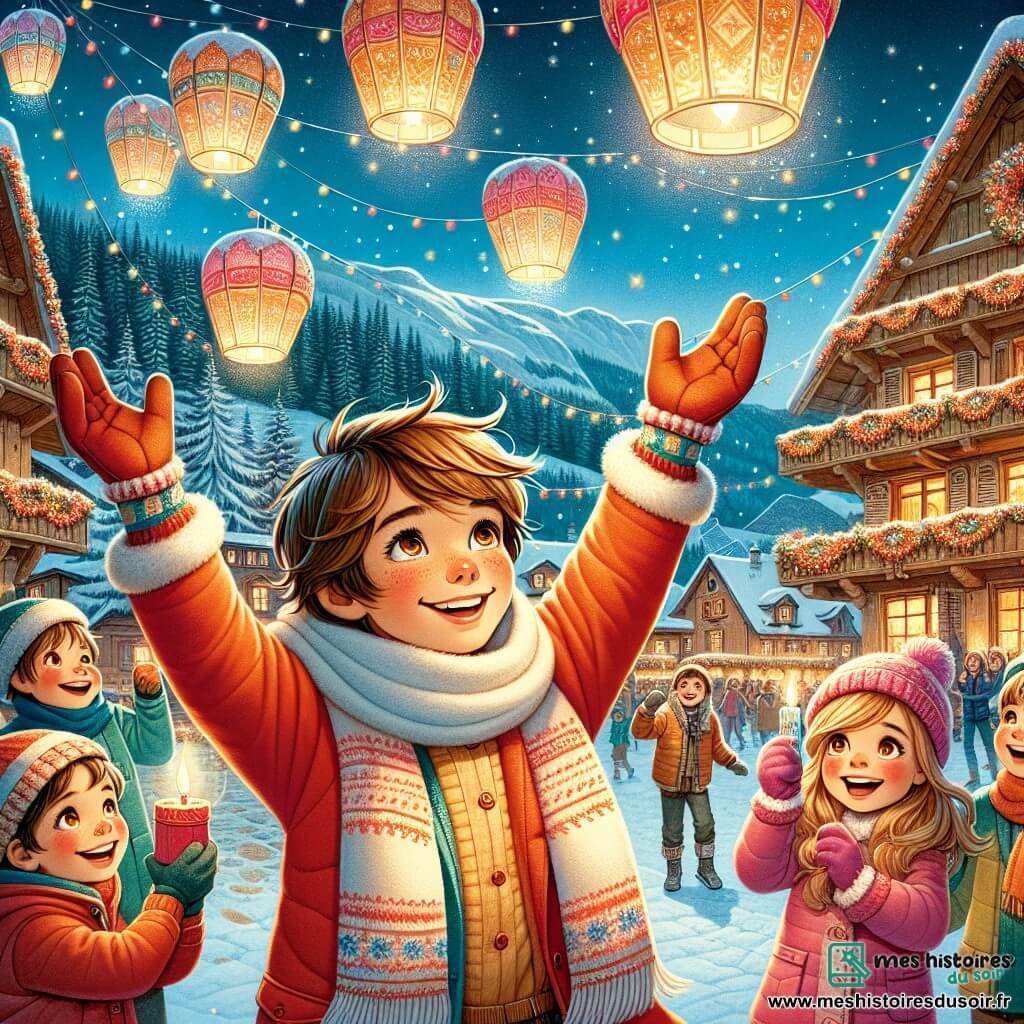 Un garçon de 12 ans, Lucas, avec des cheveux châtains en bataille et un grand sourire, se tient au centre de l’image, les bras levés vers le ciel, émerveillé par les lanternes colorées qui s’envolent dans la nuit étoilée. Il porte un manteau rouge vif et un bonnet en laine. À sa droite, Pierre, un autre garçon de 12 ans, aux cheveux blonds, l’encourage en levant sa lanterne. À gauche, Chloé, la petite sœur de Lucas, âgée de 8 ans, danse joyeusement avec une boule de neige. Le décor est une charmante place de village alpin, entourée de chalets décorés et de sapins enneigés, avec des lanternes flottantes et un feu d’artifice en arrière-plan. Lucas et ses amis célèbrent le Nouvel An en lâchant leurs lanternes pour faire des vœux, créant une atmosphère joyeuse et festive.