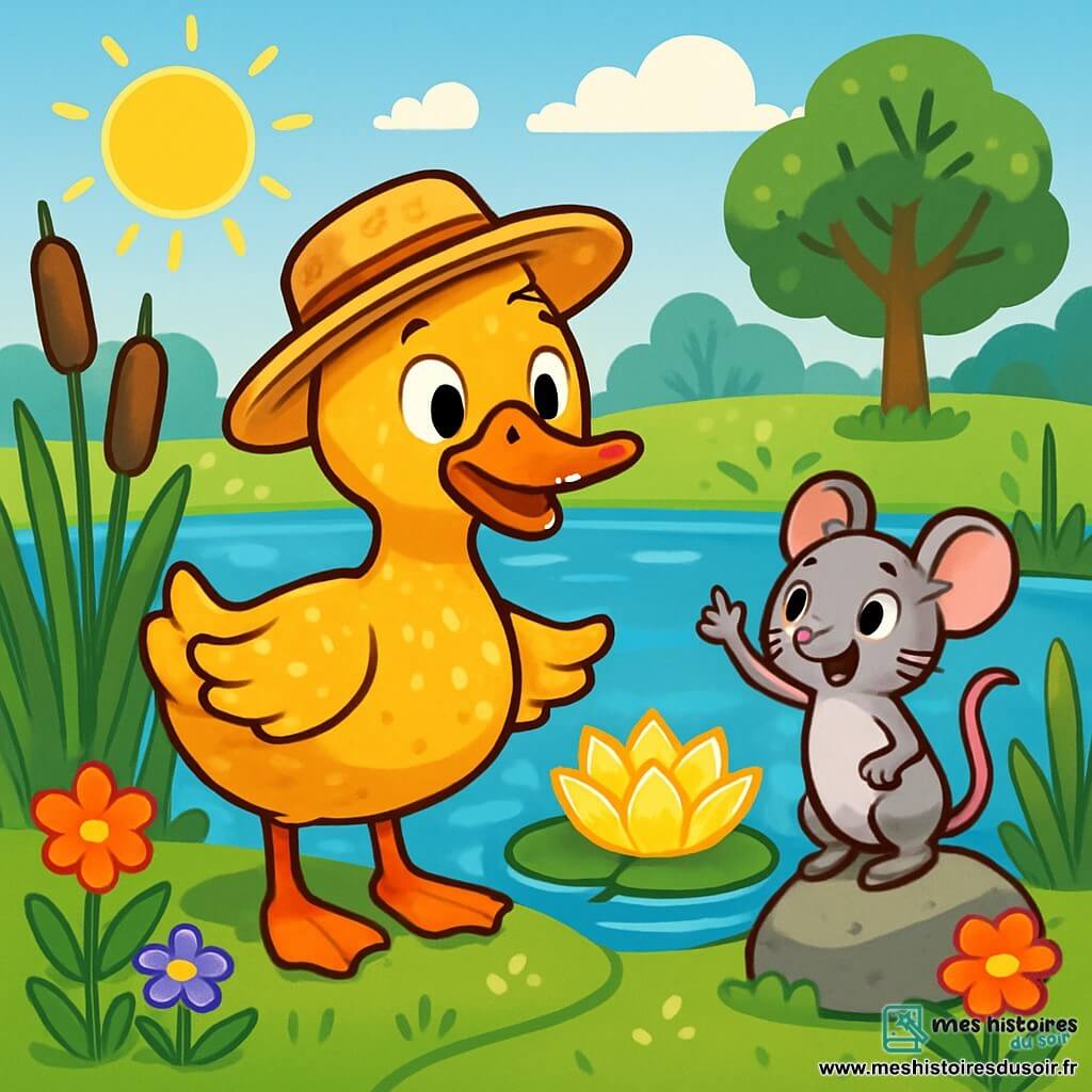 Un canard nommé Philibert, aux plumes dorées, se tient au bord d'un étang scintillant, son regard pétillant d'excitation. Il porte un petit chapeau de paille et ses ailes sont légèrement écartées. À ses côtés, Lila la souris, petite et grise, l'encourage avec un sourire rayonnant. L'étang est entouré de roseaux et de fleurs colorées, sous un ciel bleu azur. Philibert et Lila contemplent le Nénuphar d'Or, une fleur éclatante à la surface de l'eau, symbole de l'aventure qui les attend.