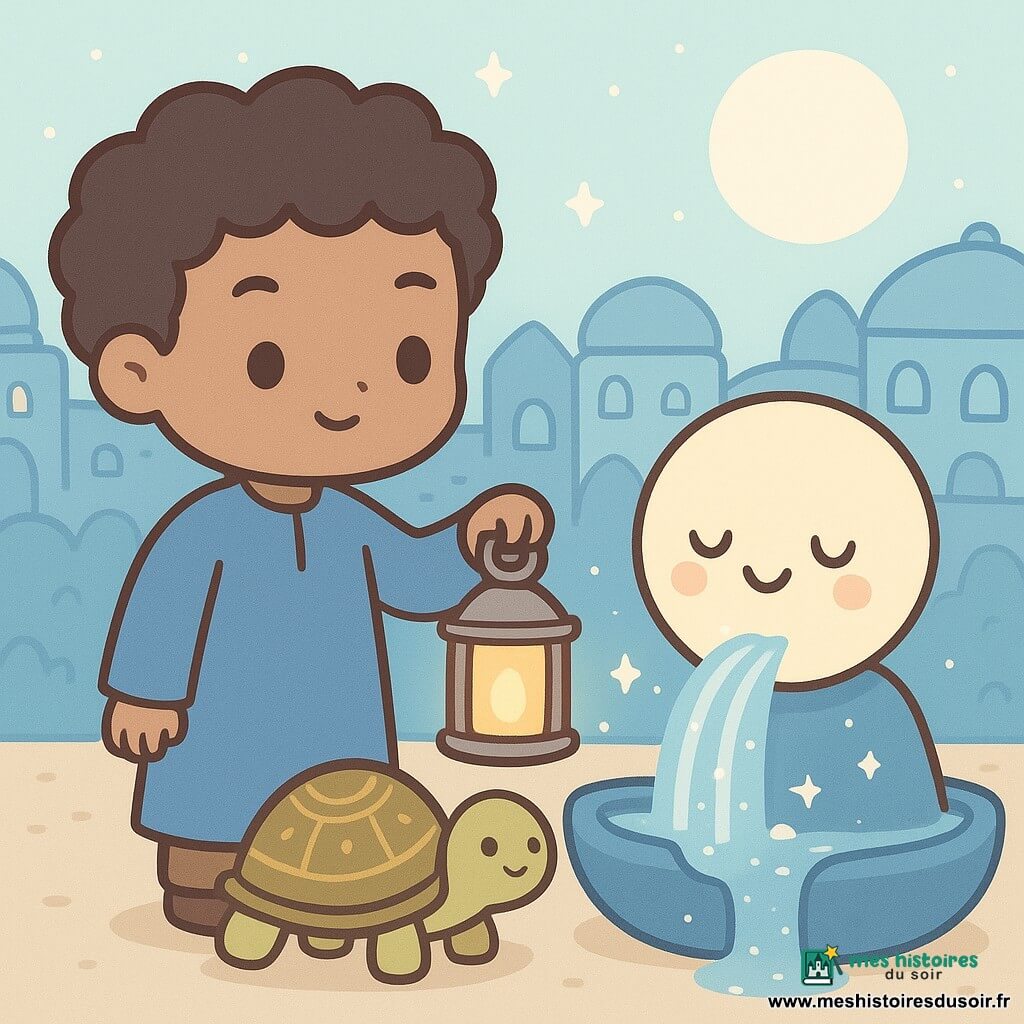 Samir, un jeune homme au regard déterminé et bienveillant, tient une lanterne d'étain qui brille doucement. Il a des cheveux noirs bouclés et porte une tunique bleue. À côté de lui, une petite tortue avec une carapace ornée de motifs dorés le regarde avec gratitude. Ils se trouvent devant une source magique au visage de lune, dont l'eau scintille comme des étoiles liquides. Autour d'eux, la ville aux pierres bleues s'étend, avec des maisons aux toits arrondis et des fenêtres en forme de coquilles. La scène principale montre Samir offrant sa lanterne à la source, illuminant l'endroit d'une lumière douce et chaleureuse, tandis que la source sourit et l'eau jaillit en rubans argentés.