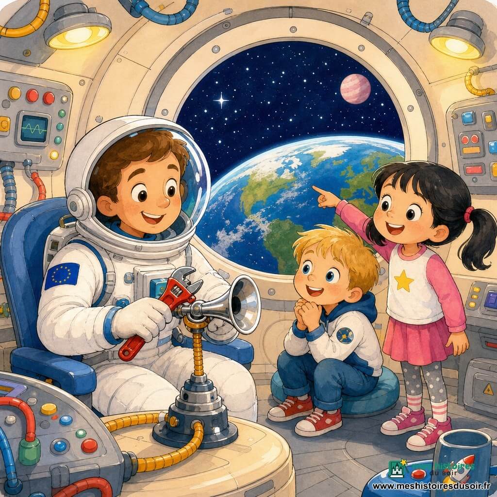 Un astronaute souriant répare un petit klaxon brillant avec une clé à molette rouge à l'intérieur d'un vaisseau aux parois crème et formes arrondies, un garçon d'environ 6 ans aux cheveux blonds en carré, assis près d'une fenêtre, regarde émerveillé les mains jointes, une fille d'environ 5 ans aux couettes noires se tient debout et pointe la Terre visible par la fenêtre, le ciel étoilé et une planète rose pâle en arrière-plan, ambiance chaleureuse, couleurs vives, traits encre épais, style simple et rassurant pour tout-petits.