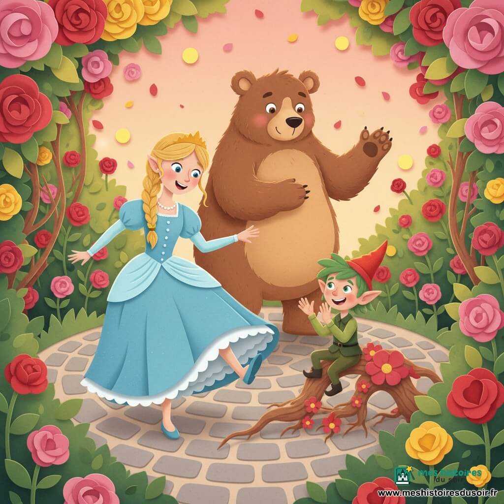 Pétaline, princesse souriante et un peu surprise en robe bleue à volants et cheveux blonds tressés, fait un pas de danse maladroit en levant un pied, entourée de Pétibou, petit lutin de 8 ans aux cheveux verts et chapeau rouge qui applaudit depuis une racine fleurie, et de Bougrin, grand ours brun doux qui, posé au sol derrière elle, l’encourage en levant une patte ; la scène se déroule dans une roseraie enchantée aux allées pavées rondes, buissons de roses roses, rouges et dorées, lucioles jaunes et pétales en papier découpé, lumière douce de fin d’après-midi, expressions joyeuses et couleurs vives avec textures en papier déchiré visibles.