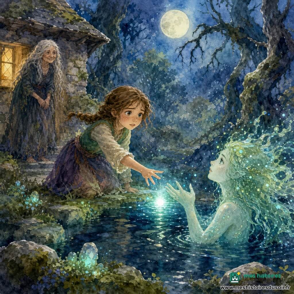 Léa, 10 ans, visage rond et taches de rousseur, yeux grands et brillants, inquiète mais déterminée, tend la main vers une lueur sur le lac; Morgane, vers 70 ans, peau ridée et longs cheveux blancs emmêlés, en robe sombre tachée, se tient au seuil d'une petite maison de pierre à gauche, souriant calmement. Une nymphe de la forêt, élancée, cheveux d'algues lumineuses et peau nacrée, sort à moitié de l'eau en émettant une douce lueur bleu-vert, mains levées vers Léa; la clairière, éclairée par une pleine lune, est entourée d'arbres aux troncs tordus et branches griffues projetant des ombres dentelées; un petit lac noir et vitrifié reflète la lueur magique, des brumes basses serpentent entre des pierres couvertes de mousse phosphorescente. Moment de rencontre tendu et mystérieux: Léa répond à l'appel de la nymphe dans une atmosphère à la fois belle et inquiétante, ponctuée d'éclaboussures évoquant des étincelles magiques et des ombres mouvantes.