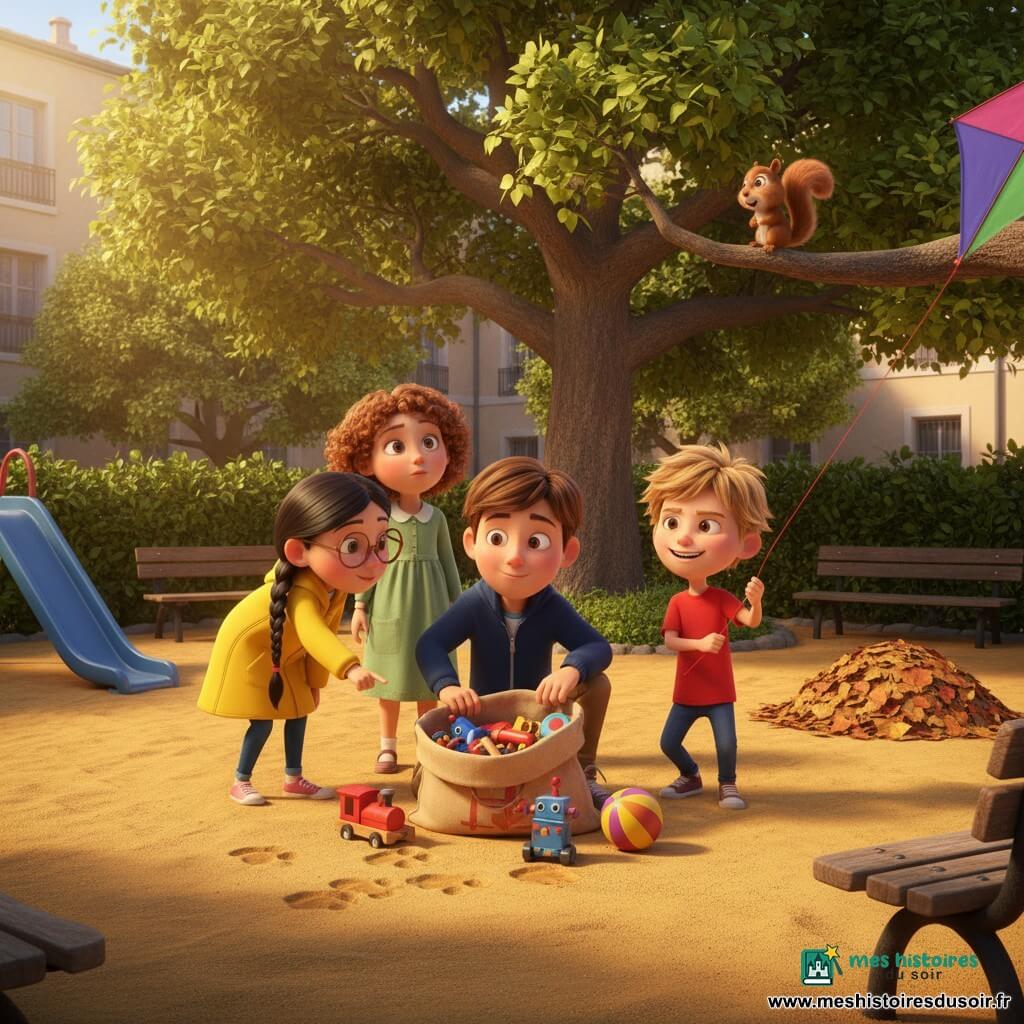 Quatre enfants : Léo, 9 ans, cheveux bruns courts, veste bleu marine, au centre accroupi en train d'ouvrir un sac en toile rempli de jouets ; Ana, 8 ans, cheveux noirs en tresse, lunettes rondes, manteau jaune, à gauche de Léo, penchée et montrant des empreintes dans le sable ; Tom, 8 ans, cheveux blonds ébouriffés, t‑shirt rouge, à droite de Léo, tenant une cordelette de cerf‑volant ; Mia, 7 ans, cheveux châtains bouclés, robe verte, un peu en arrière, regardant un petit écureuil sur une branche. Lieu : cour d'immeuble ensoleillée au sol de sable doré, toboggan bleu à gauche, bancs en bois, buissons et un grand arbre aux branches basses avec tas de feuilles. Situation : les quatre petits enquêteurs viennent de retrouver leurs jouets cachés sous des feuilles, ambiance joyeuse et dynamique, lumière chaude, couleurs vives, composition centrée sur le sac ouvert et les jouets éparpillés.