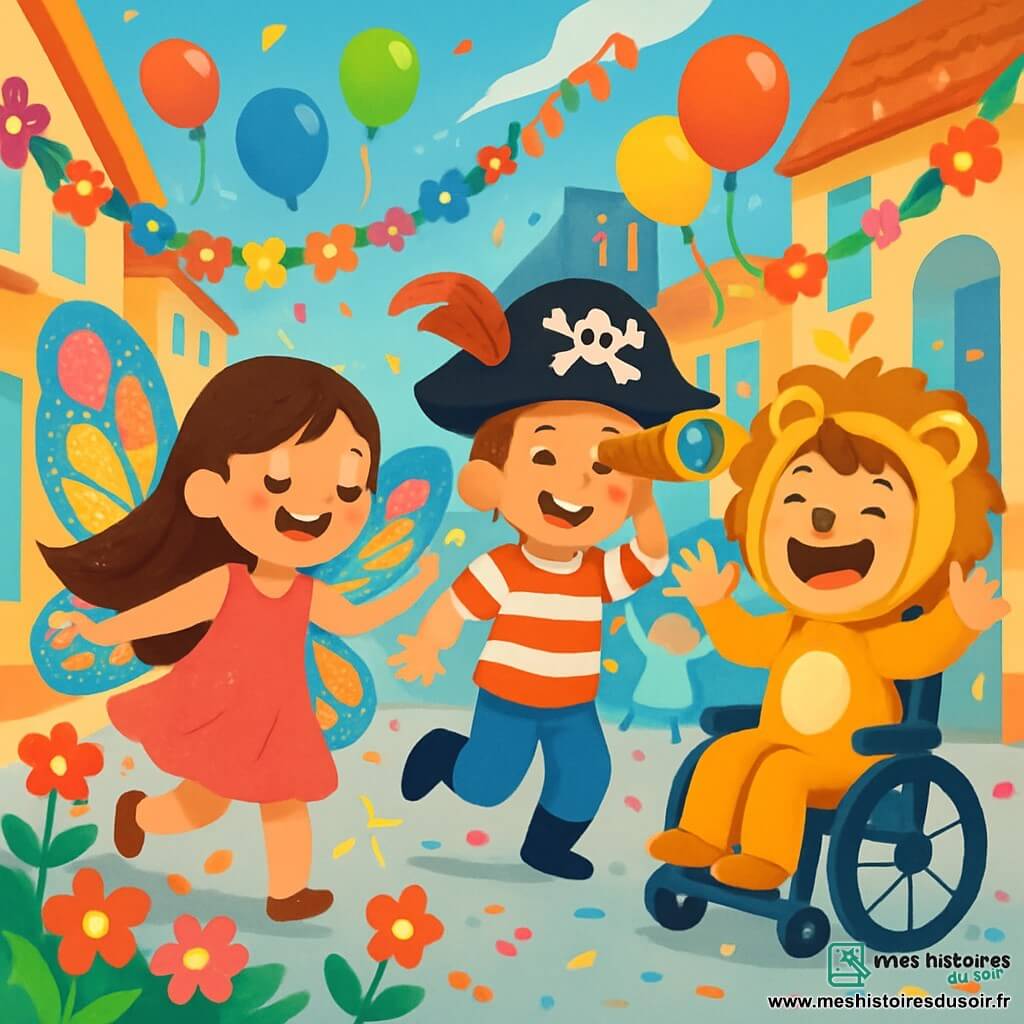 Trois personnages se trouvent dans une rue animée du carnaval : Léa, une fille de 8 ans avec de longs cheveux bruns et des ailes de papillon multicolores, danse joyeusement entourée de fleurs ; Tom, un garçon de 7 ans avec un chapeau de pirate noir, fait semblant de tenir une longue vue ; et Niko, un garçon de 9 ans en costume de lion doré, rugit joyeusement depuis son fauteuil magique. L'ambiance est festive, avec des couleurs vives, des ballons et de la musique. Ils dansent ensemble, entourés de rires et d'animaux costumés.