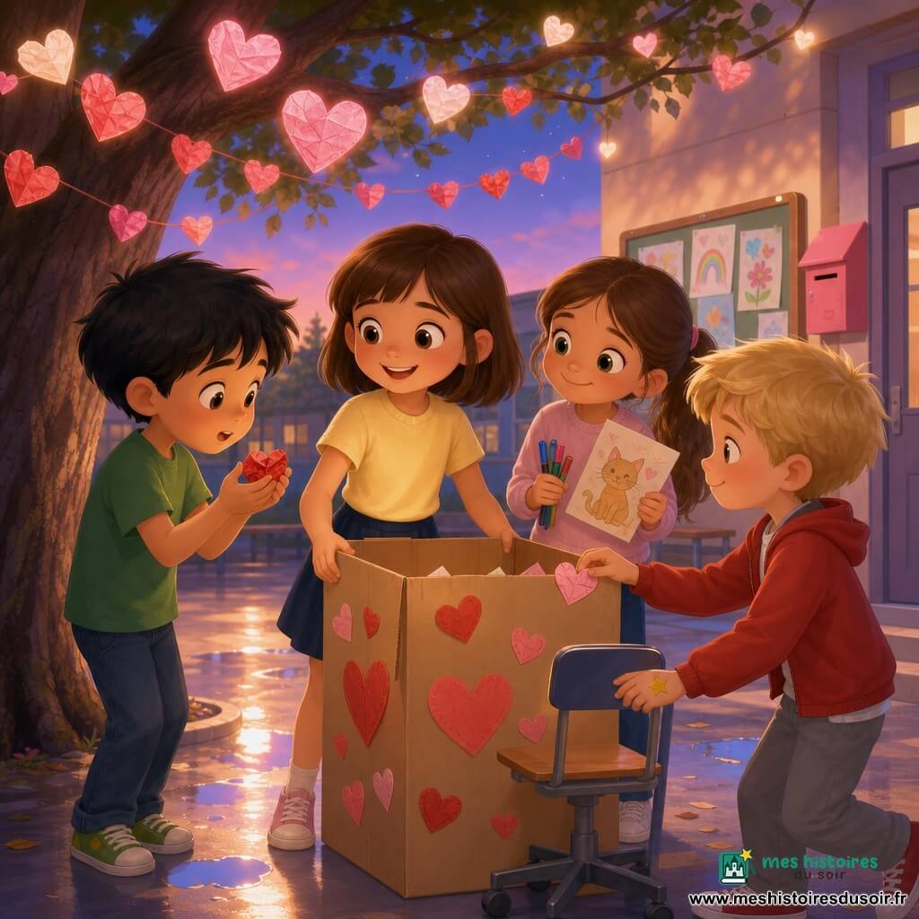 Quatre enfants d’environ 8 ans : Mina, fille aux cheveux bruns en coupe bob, chemise jaune clair et jupe bleu marine, tient au centre une grande boîte en carton décorée de cœurs et sourit ; Sami, garçon aux cheveux noirs en bataille et t-shirt vert, à gauche sur la pointe des pieds, tient un petit cœur en papier rouge froissé et le regarde avec étonnement ; Léo, garçon aux cheveux blonds courts, veste rouge et pantalon gris, avec un autocollant étoile sur la main, roule doucement sur une petite chaise à roulettes vers la boîte ; Jade, fille aux cheveux châtain long en queue, pull rose pâle, tient des feutres et un dessin de chat, se tient légèrement derrière Mina à droite en souriant timidement à Sami. Dans une cour d’école au crépuscule, sol en béton clair avec quelques flaques réfléchissantes, un grand arbre à l’écorce rugueuse aux branches basses est décoré de guirlandes de cœurs en papier rouges et roses ; en arrière-plan un panneau d’affichage avec des dessins d’enfants et une boîte aux lettres rose près d’une porte. Les enfants déposent des petits billets dans la « BOÎTE DE PAIX » — la boîte en carton décorée de cœurs et d’un grand texte manuscrit — tandis que des cœurs en papier apparaissent magiquement sur une branche au-dessus d’eux, brillants et légèrement froissés ; ambiance douce, chaleureuse et légèrement magique, couleurs pastel saturées et éclairage doux du soir, expressions d’étonnement et de complicité.