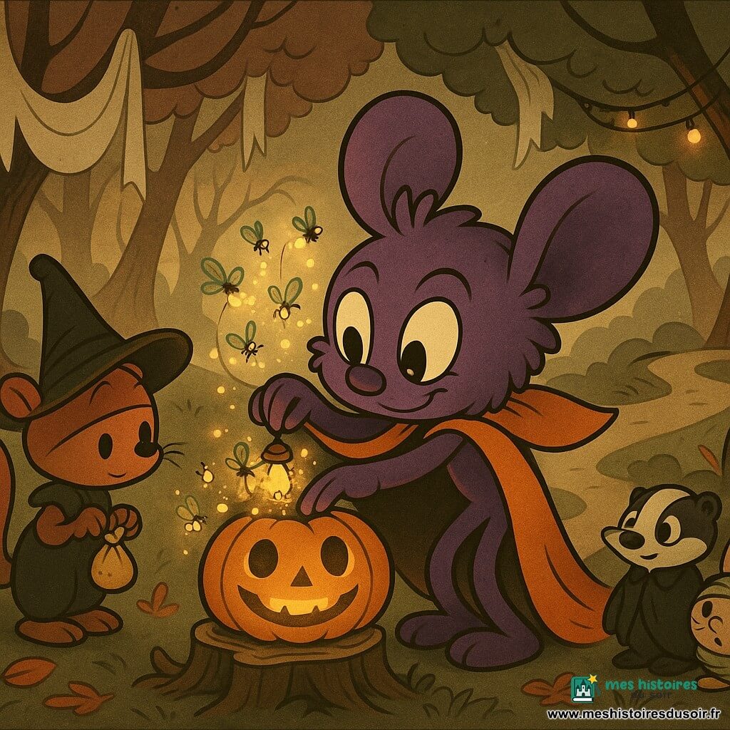 Plumo, petite boule de poils violets aux grandes oreilles et cape orange trop longue, sourit malicieusement en glissant une minuscule lampe-luciole dans une grosse citrouille veilleuse posée sur une souche; des lucioles dorées et vertes forment une guirlande lumineuse autour d'elle tandis qu'un écureuil déguisé en sorcier tient un sachet de poudre dorée à gauche et, à droite, un blaireau vampire, une taupe momie et un lapin-citrouille émerveillés regardent depuis le Chemin des Rêves, une forêt brumeuse aux troncs courbés, draps blancs flottants, champignons pointus, feuilles rousses et guirlandes d'ampoules emmêlées; la citrouille émet un halo chaud, la guirlande arrière est éteinte et l'ambiance cosy, légèrement mystérieuse, aux tons orange, violet et vert, textures douces et style rubber hose.
