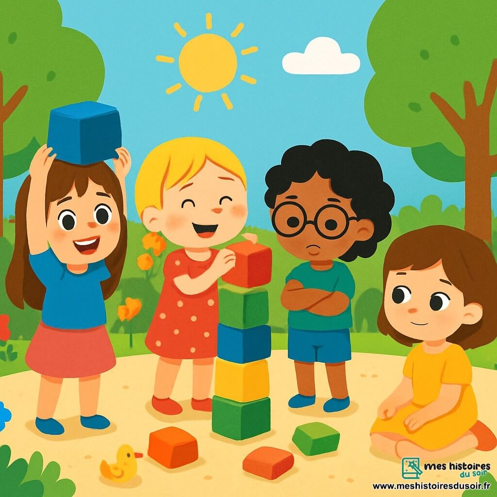 Il y a 4 enfants : Mia, 6 ans, cheveux bruns, t-shirt bleu et jupe rose, debout à gauche avec un cube bleu ; Lila, 5 ans, cheveux blonds en tresses, robe rouge à pois blancs, à droite de Mia ajoutant un cube rouge ; Zoé, 6 ans, cheveux noirs bouclés, lunettes rondes, t-shirt vert et short en jean, à côté de Lila, les bras croisés, regardant sa tour tombée ; Emma, 5 ans, cheveux châtains, petite barrette fleurie, robe jaune, assise par terre à côté de Zoé, prête à l'aider. L'action se déroule dans un jardin d'enfants ensoleillé avec des fleurs colorées et des jouets éparpillés. Les enfants construisent une tour de cubes colorés, Mia et Lila rient en ajoutant des cubes, tandis que Zoé est triste de voir sa tour tomber. Emma, souriante, est prête à l'aider. L'atmosphère est amicale et joyeuse.