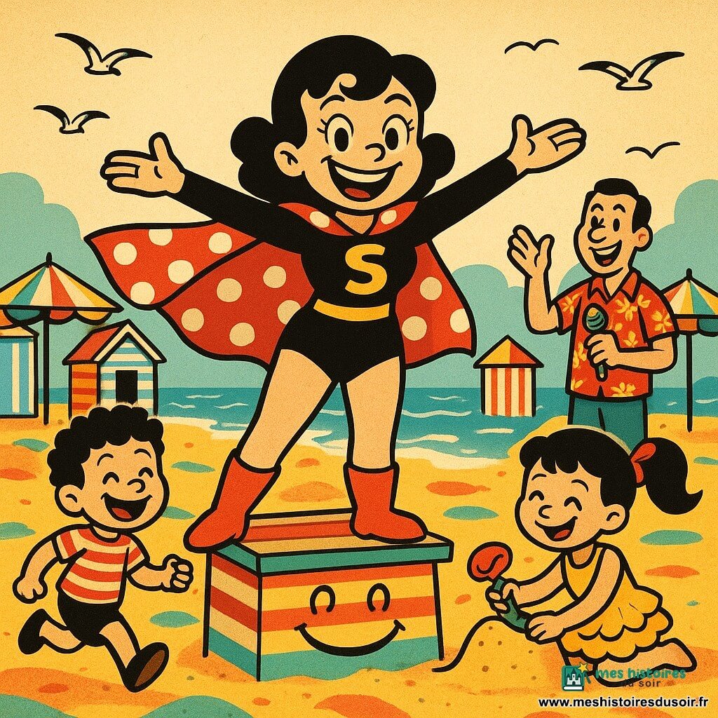 La super-héroïne Super Rigolote, joyeuse et malicieuse, sourit largement, cape à pois rouges et bottes rebondissantes, bras ouverts sur une cabane de plage rayée; un garçon d'environ 8 ans aux cheveux bouclés court en riant vers le centre avec un seau à gauche; une fillette de 6 ans en queue de cheval et robe à volants construit un visage de sable souriant à droite au premier plan; un animateur d'une trentaine d'années en chemise hawaïenne, micro en forme de coquillage, encourage la foule en arrière-plan; la plage colorée aux parasols en forme de cornets et cabanes rayées montre le sable vivant formant un grand visage souriant, ambiance festive, couleurs saturées, style cartoon rétro aux contours souples et ombres douces.
