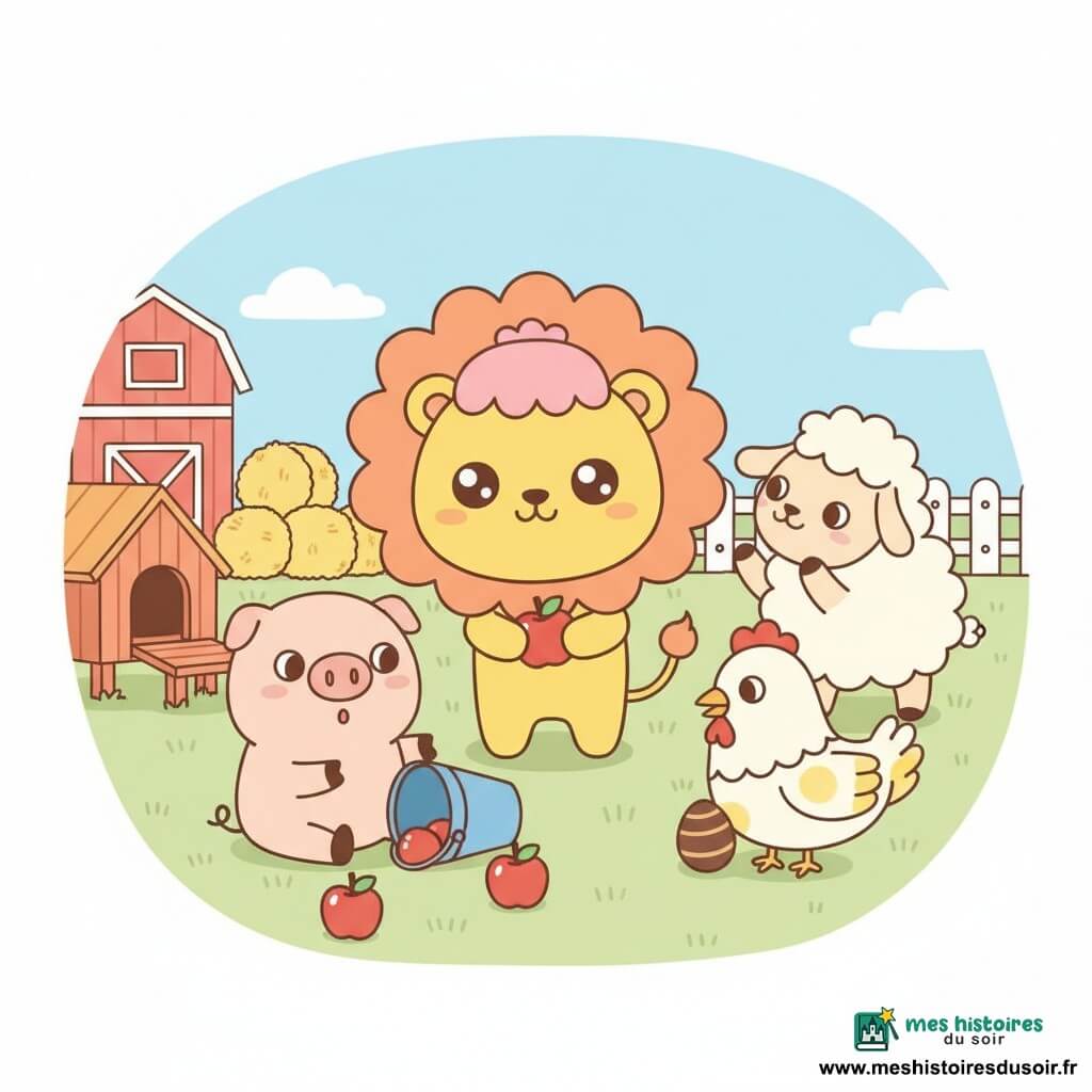 Léo, lion jaune au visage doux et crinière ronde orange, souriant et malicieux avec une petite perruque rose, tient une pomme en plastique rouge ; Gaston le cochon rose pastel, au groin rond et yeux surpris, est assis près d’un seau bleu renversé d’où roulent des pommes en plastique ; Margot la poule blanche tachée de jaune picore un œuf en chocolat à côté du poulailler en bois ; Bernard le mouton à la laine duveteuse applaudit derrière Léo ; la ferme colorée (ciel bleu clair, herbe verte, grange rouge, bottes de foin jaunes, clôture blanche) présente une scène joyeuse et chaleureuse de farce avec pommes éparpillées, animaux riant et couleurs pastel.