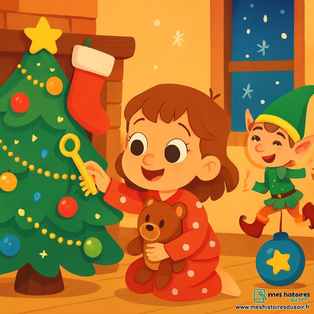 Une petite fille de 4 ans, Lila, avec de grands yeux ronds, porte un pyjama rouge à pois blancs et tient son doudou, un ours brun. Elle est accroupie devant un sapin de Noël décoré de guirlandes dorées et de boules colorées. À côté d'elle, un lutin farceur en bonnet vert et bottes rouges saute sur une boule de Noël, tenant une plume. La pièce est chaleureuse, avec une cheminée en briques et des chaussettes de Noël accrochées, tandis que des flocons de neige tombent à l'extérieur. Lila découvre une clé dorée sous la chaussette de Noël, encouragée par le rire du lutin. La magie de Noël emplit l'air de couleurs vives et de lumières scintillantes.